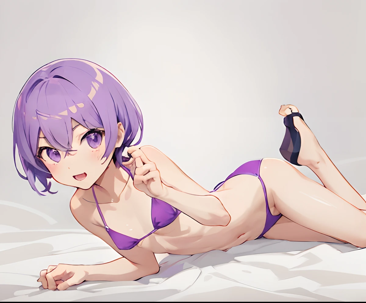 Anime boy in bikini lying on the floor, Ecchi anime style, Commission for high resolution, Seductive Anime Boy, Fun pose, anime pose, Boy with short purple hair, oc commission, Violet Bikini, 2 d anime style, anime moe art style, Cute Pose, barechested, Cool pose, Flat anime style shading