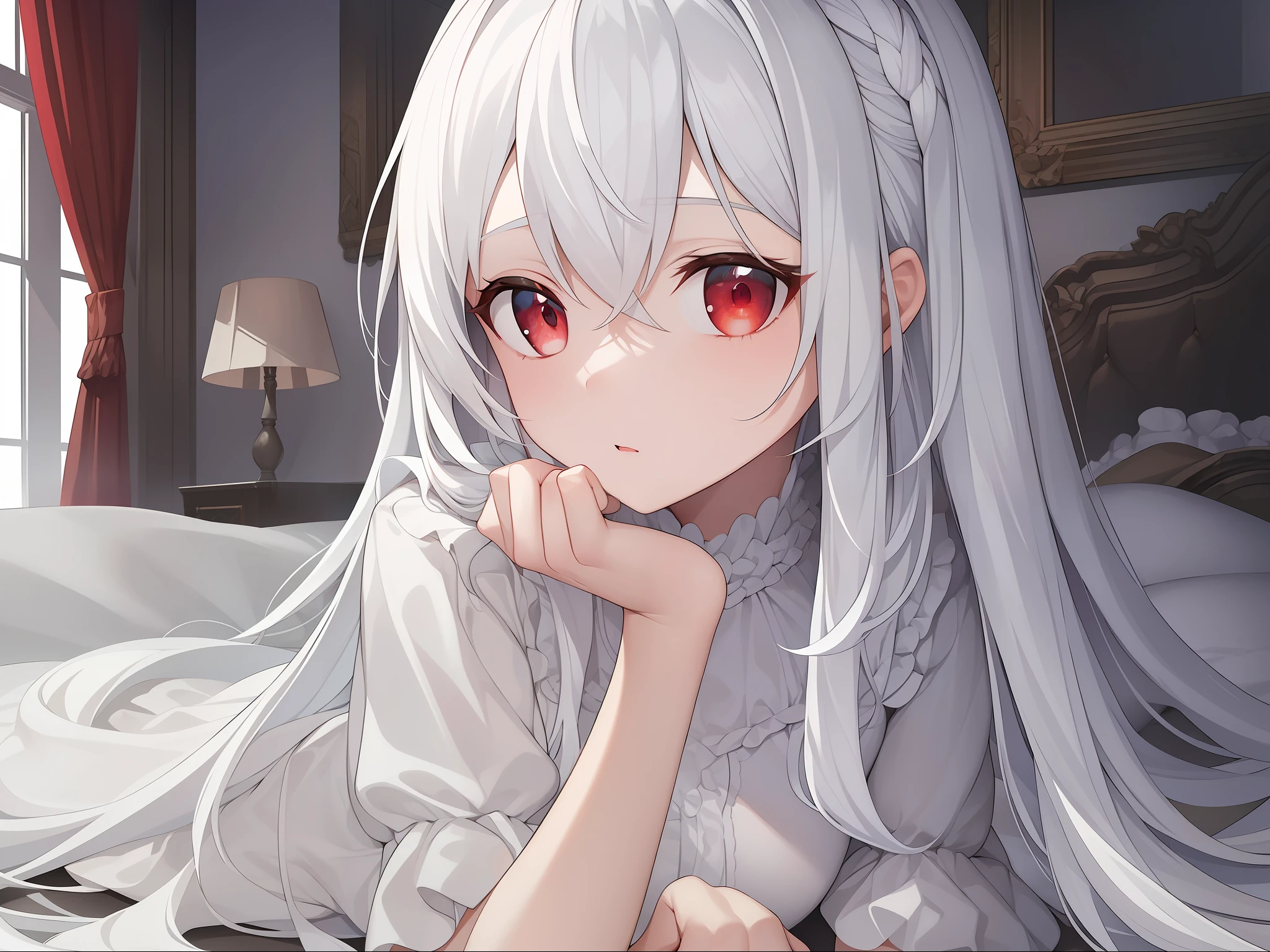 ((Masterpiece, Best quality))++, Detailed light+,  Detail hair+, detail hand+ ,1girll, woman, Long hair,   dark red eye,  Beautiful eyes, Young gray hair,,(Beautiful white hair:1.5),(Beautiful detailed eyes), ,    high resolution+,   Masterpiece,  , Glass tones, Reflective eyes,  {{Angle}} , extremelydetailedwallpaper, Original,full bodyesbian,Bedrooms,upper legs, Beth,starrysky,Issuing,,swim wears