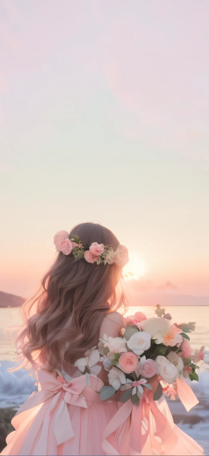 There was a woman in a pink dress holding a bouquet of flowers, floral sunset, beautiful aesthetic art, ((Sunset)), sunset mood, sunset illustration, Tumblr, With sunset, In the sunset, aesthetic portrait, Beautiful and aesthetic, beautiful aesthetic, girl watching sunset, Soft glow, with a sunset, pastel sunset, dreamlike illustration, Beautiful image, dreamy aesthetic