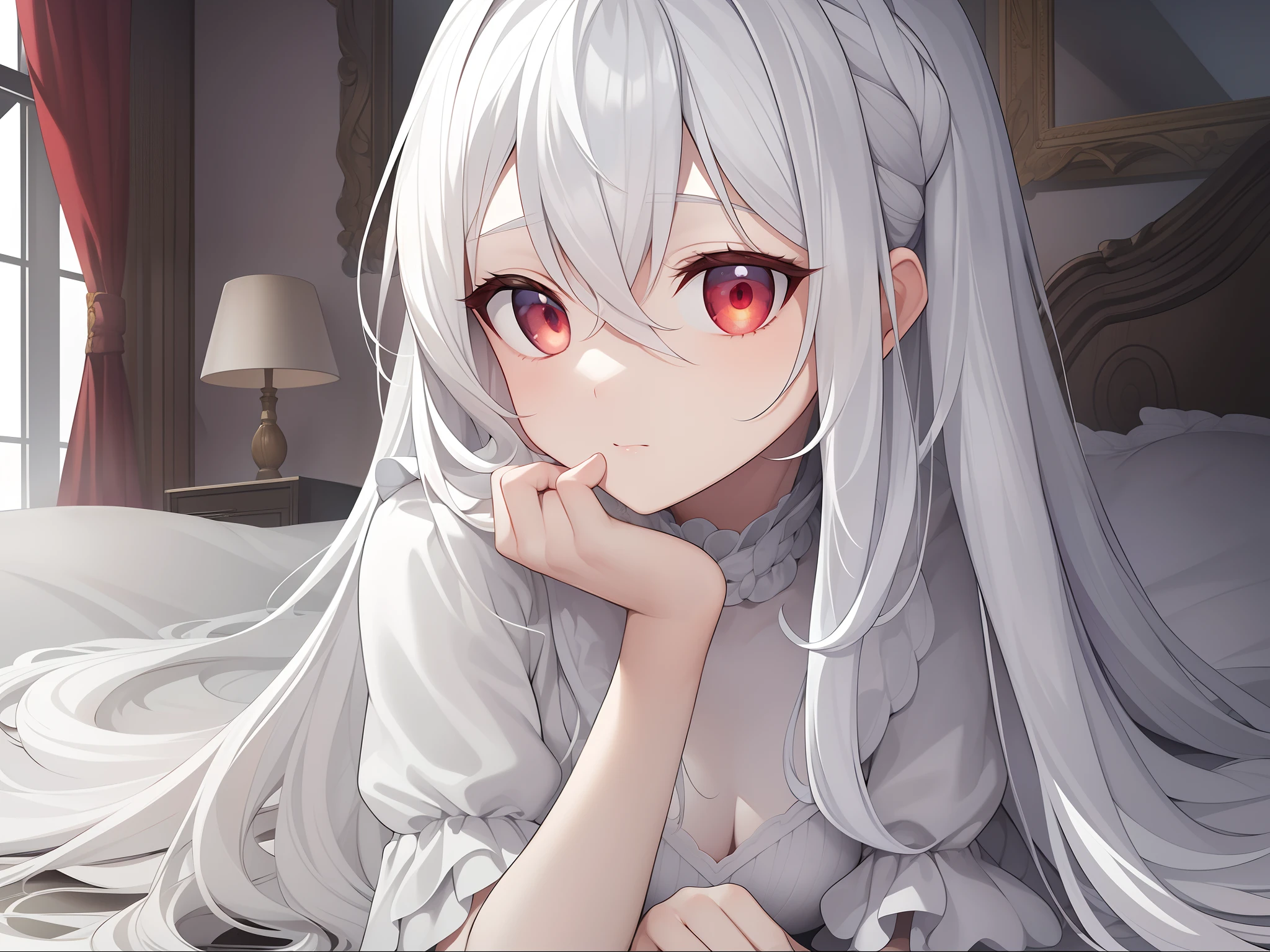 ((Masterpiece, Best quality))++, Detailed light+,  Detail hair+, detail hand+ ,1girll, woman, Long hair,   dark red eye,  Beautiful eyes, Young gray hair,,(Beautiful white hair:1.5),(Beautiful detailed eyes), ,    high resolution+,   Masterpiece,  , Glass tones, Reflective eyes,  {{Angle}} , extremelydetailedwallpaper, Original,full bodyesbian,Bedrooms,upper legs, Beth,starrysky,Issuing,,swim wears