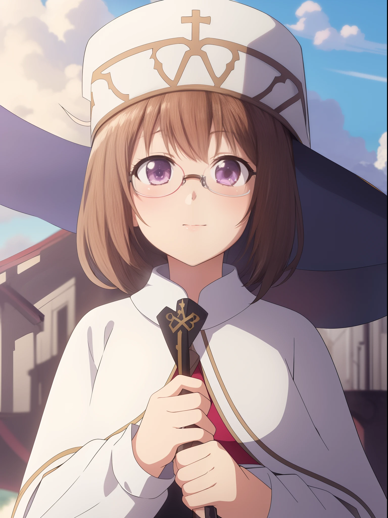 1girl, solo, (priest clothes: 1.5), hat, holding jewelry staff, outdoors, cumulonimbus calvus, depth of field, (masterpiece:1.2, best quality), glasses, rim-less eyewear, witch dress, Alicia isekai ojisan, brown hair, violet eyes,