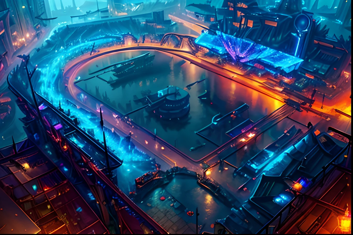 arame, (lago:1.3), town square, CARROS VOADORES, Lightning and lightning, Futuristic construction, Cyberpunk, Cyberpunk buildings in the background, fundo desfocado, UHD, detalhada