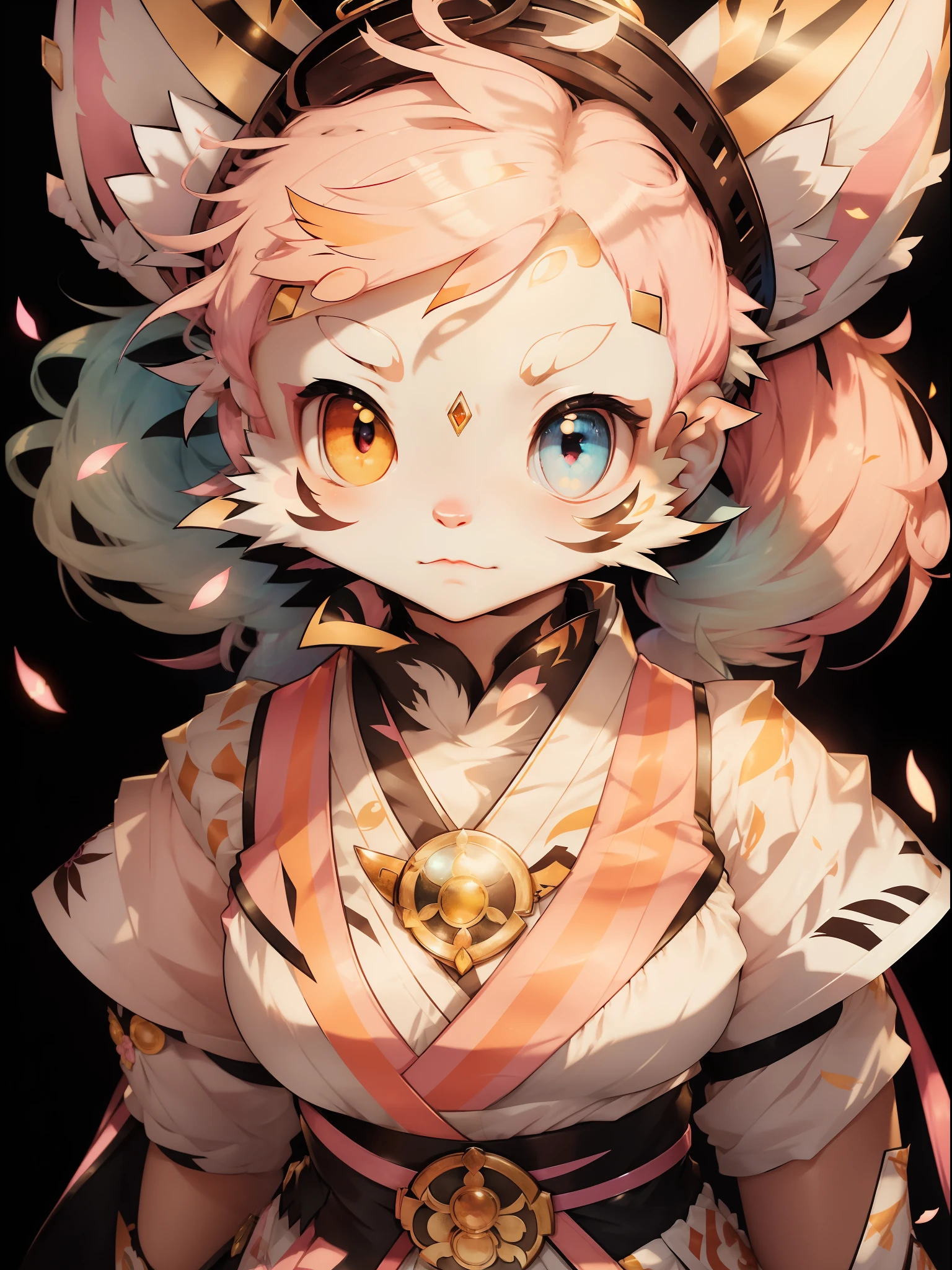 "Two-dimensional characters,Beautiful illustration style,High quality detailing,(1 character),Bright light and shadow,Pastel tones,Vivid gestures,Beautiful costumes and accessories,Vivid expressions,Enrich the context,Beautiful atmosphere,Unique detail rendering。"There is a pink halo on the head,Lori huge breasts cleavage,There are dull hairs,Naturally cute,Heterochromic pupils(The left eye is blue,The right eye is golden),Tiger Tooth,Pink hair,Height 145 cm,The cute -yeld loin her third year of highool,Wearing a Japanese-style school uniform,
