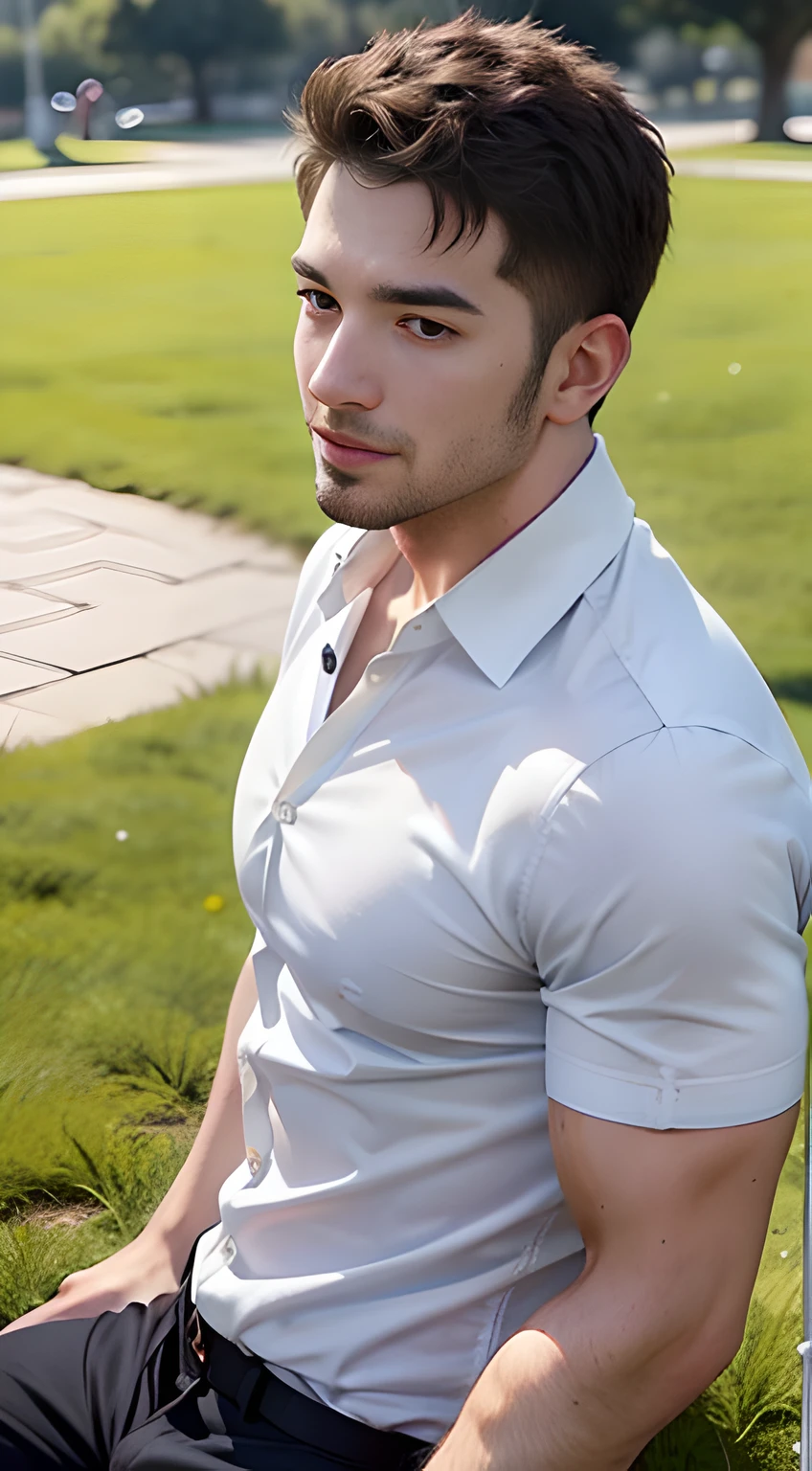 ((Men only)), (head shot), (tanned black handsome muscular man in his 20s), (on the lawn in the park), (Chris Redfield), (showing his abs), (wearing dress shirt), (Mischievous smile), (detaile: 1 in 1), Natural muscles, HIG quality, beautidful eyes, (Detailed face and eyes), (Face、: 1 / 2), Noise, Real Photographics、... .................................................................................................................PSD, Sharp Focus, High resolution 8K, realisitic & Professional Photography, 8K UHD, Soft lighting, High quality, Film grain, FujifilmXT3