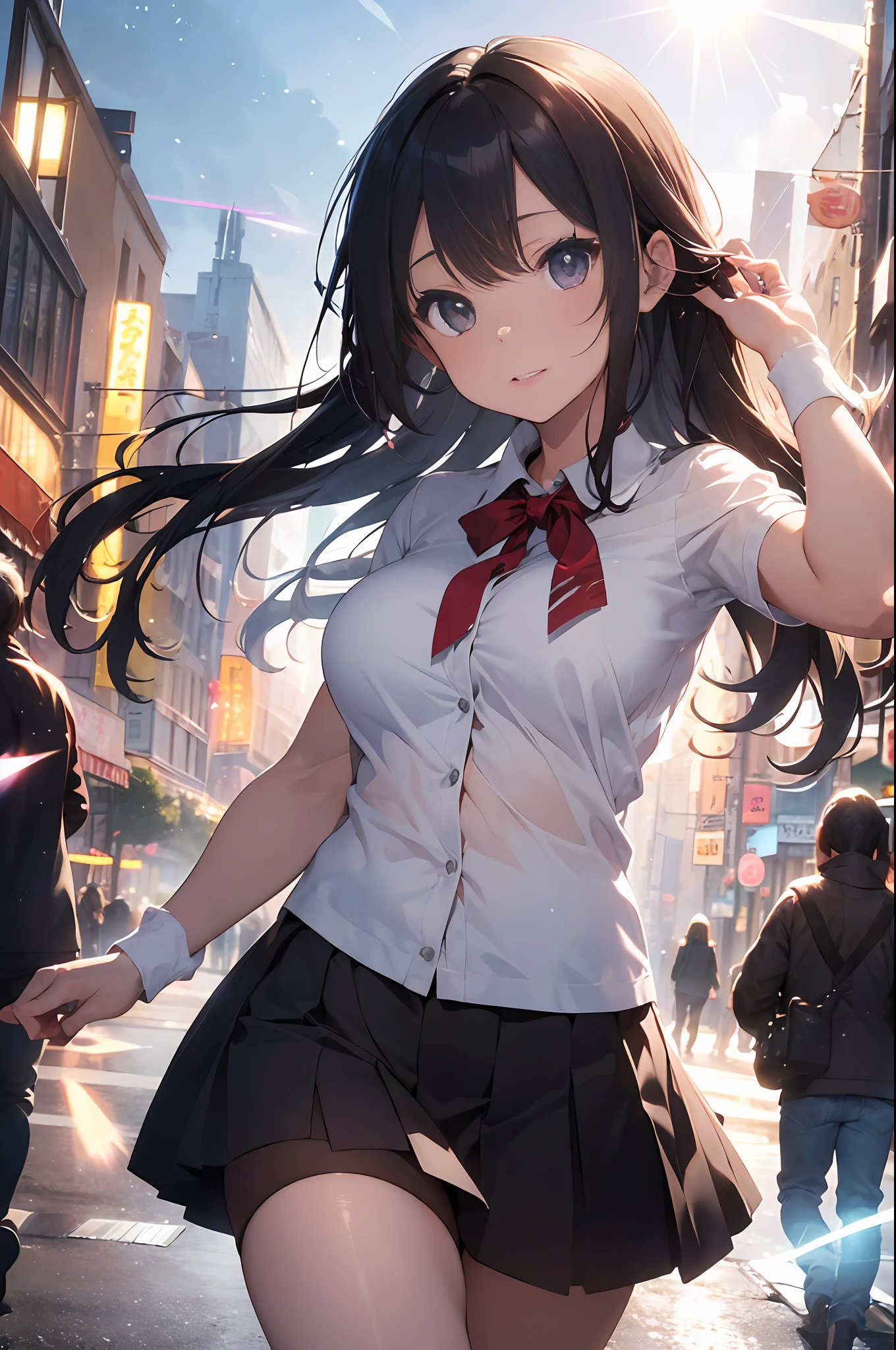 Top Quality, Photorealistic, 8K, High Definition, 1 Girl, Woman, (Skindentation), (Big Breasts), (Professional Lighting, Bokeh), (Street), (People, Crowd: 0.6), Market, (Night: 1.2), (Gray: 2.0), (Blouse: 1.5), (Portate: 0.6), Gorgeous, Bloom, (Floating Hair), (Light particles, Lens Flare, Luminous Particles: 0.6), ( Dynamic Pose: 1.2), soft lighting,