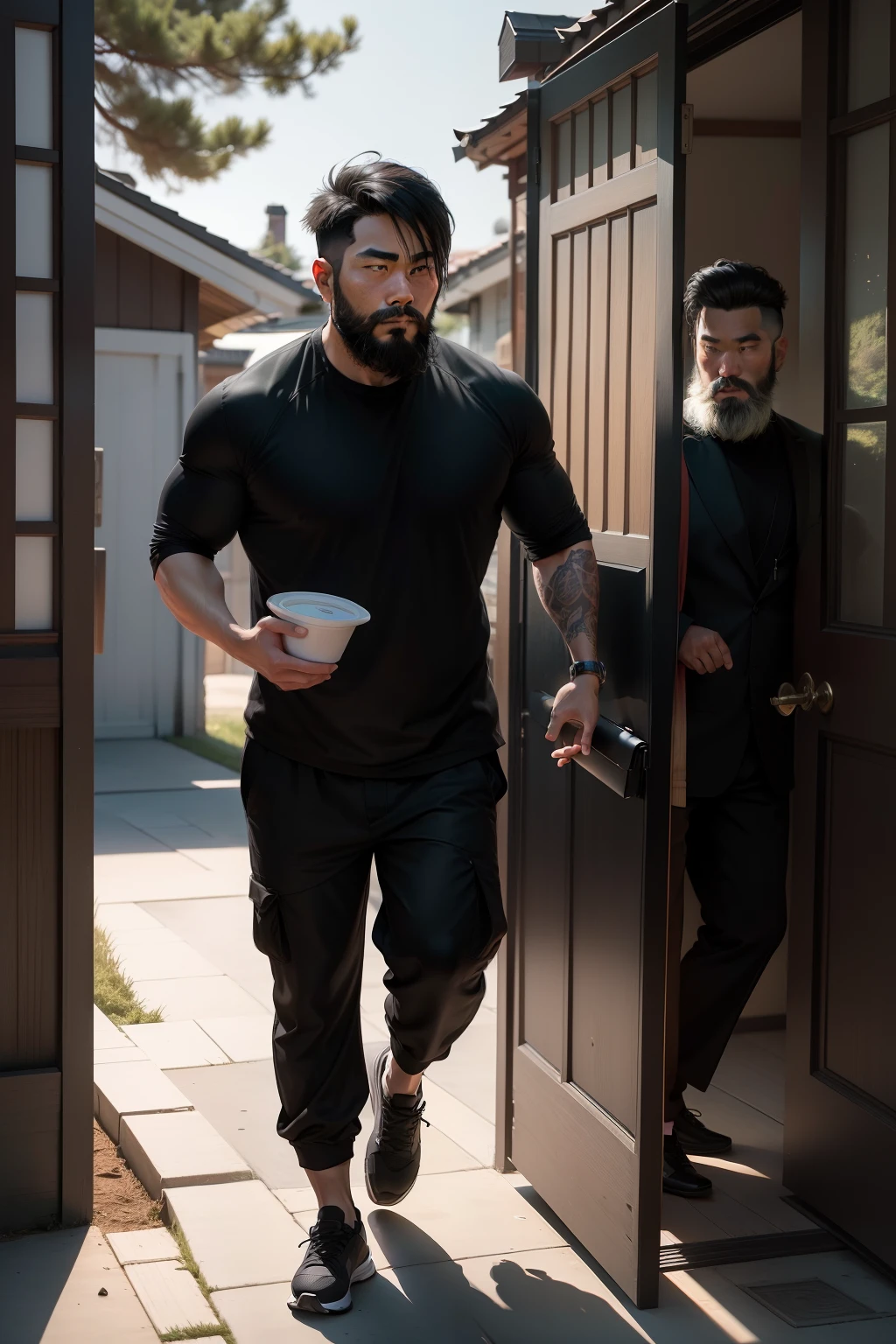 an Asian man with a beard and short hair.
wearing black clothes.
he is at the door of a house
He is delivering food to an Asian woman
Ultra realistic photo, 8k quality, full hd.