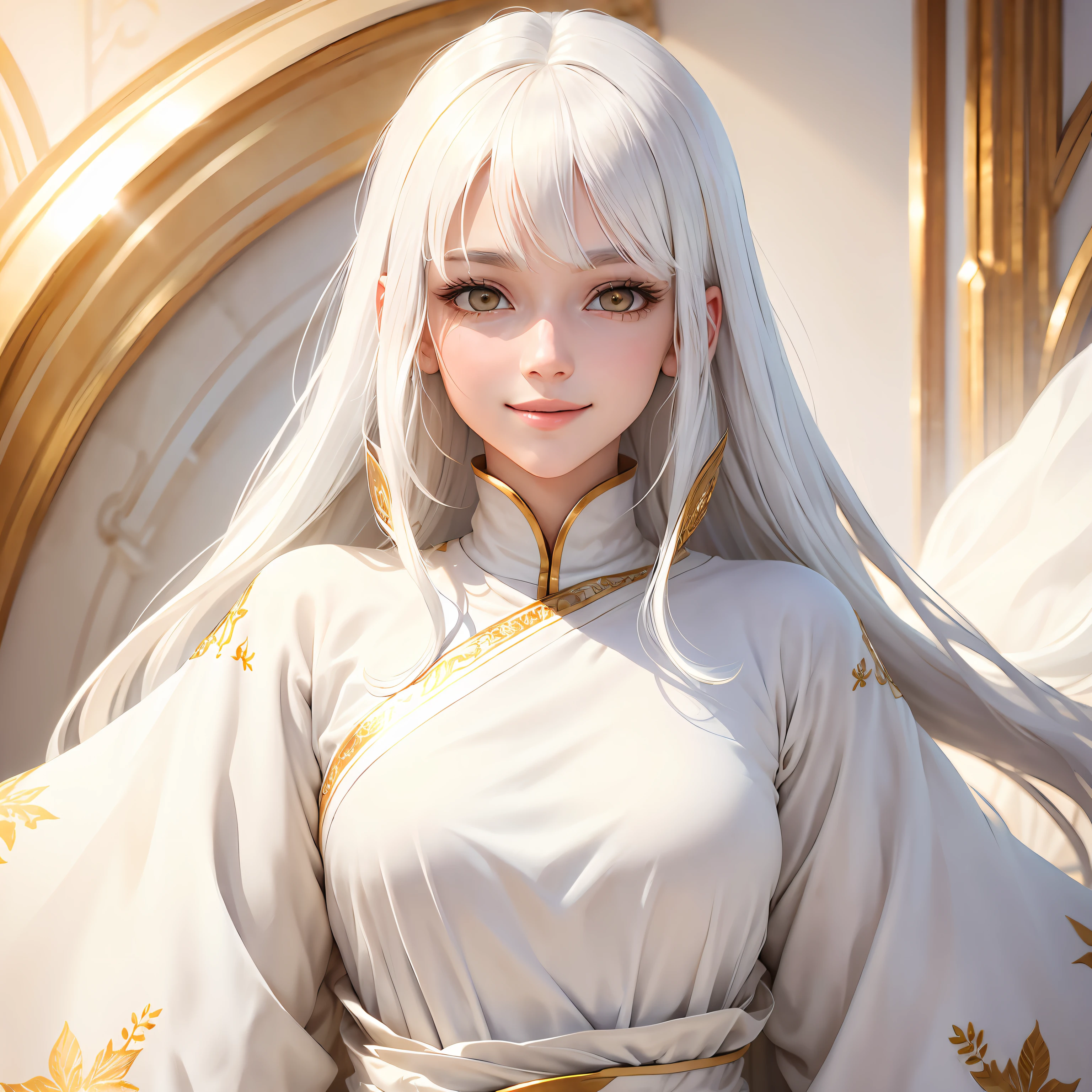 best quality, white hair, gold eyes, white clothes, looking up, upper body, hair strand, Fair skin, smiling
