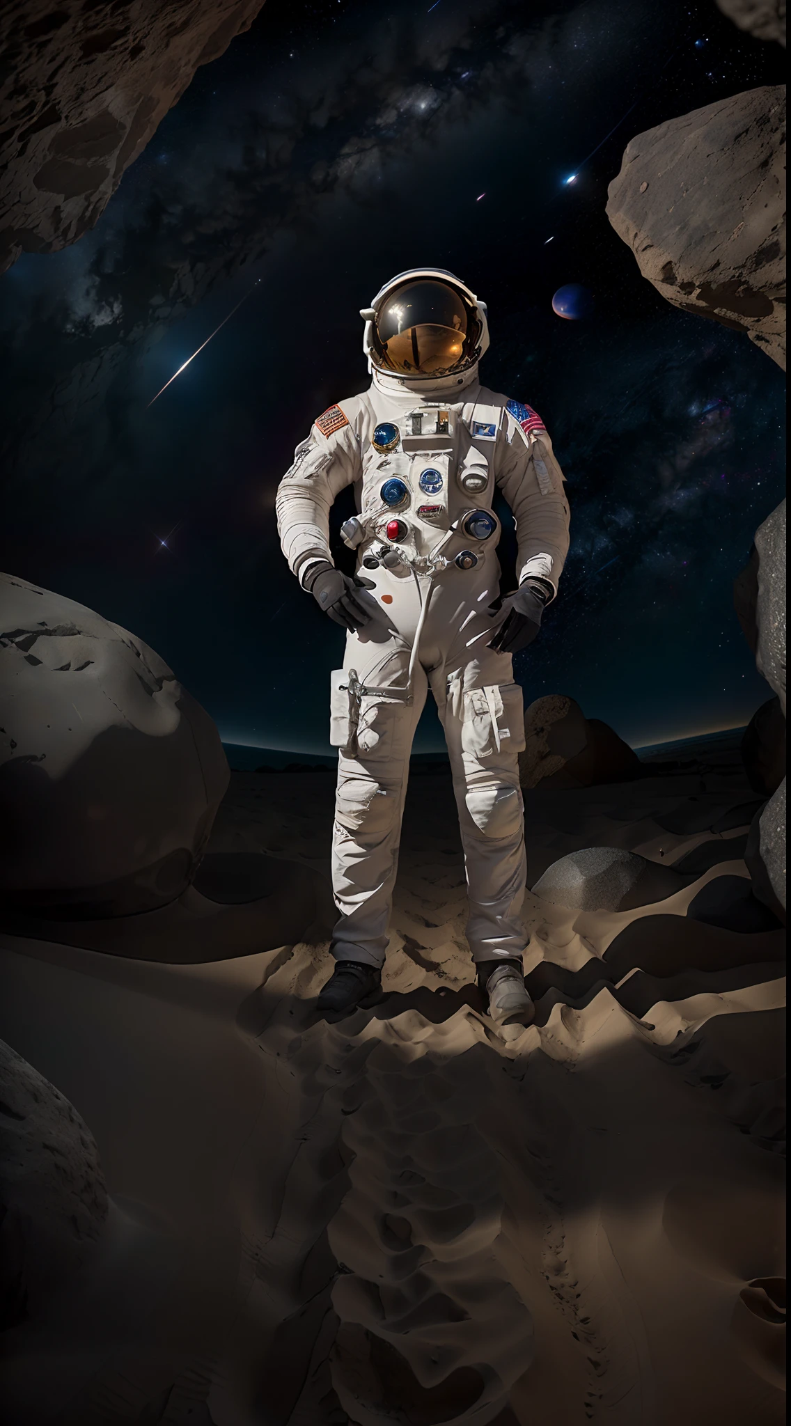 (8K UHD、RAW Photography、Photorealsitic:1.5、Digital SLR、Lifelike images)、(Male astronaut 1)、(Wearing a spacesuit、The face is covered by a spacesuit helmet and cannot be seen)、(full bodyesbian、Hands on hips)、(Mards、Sand ground、Huge rocks in the rear)