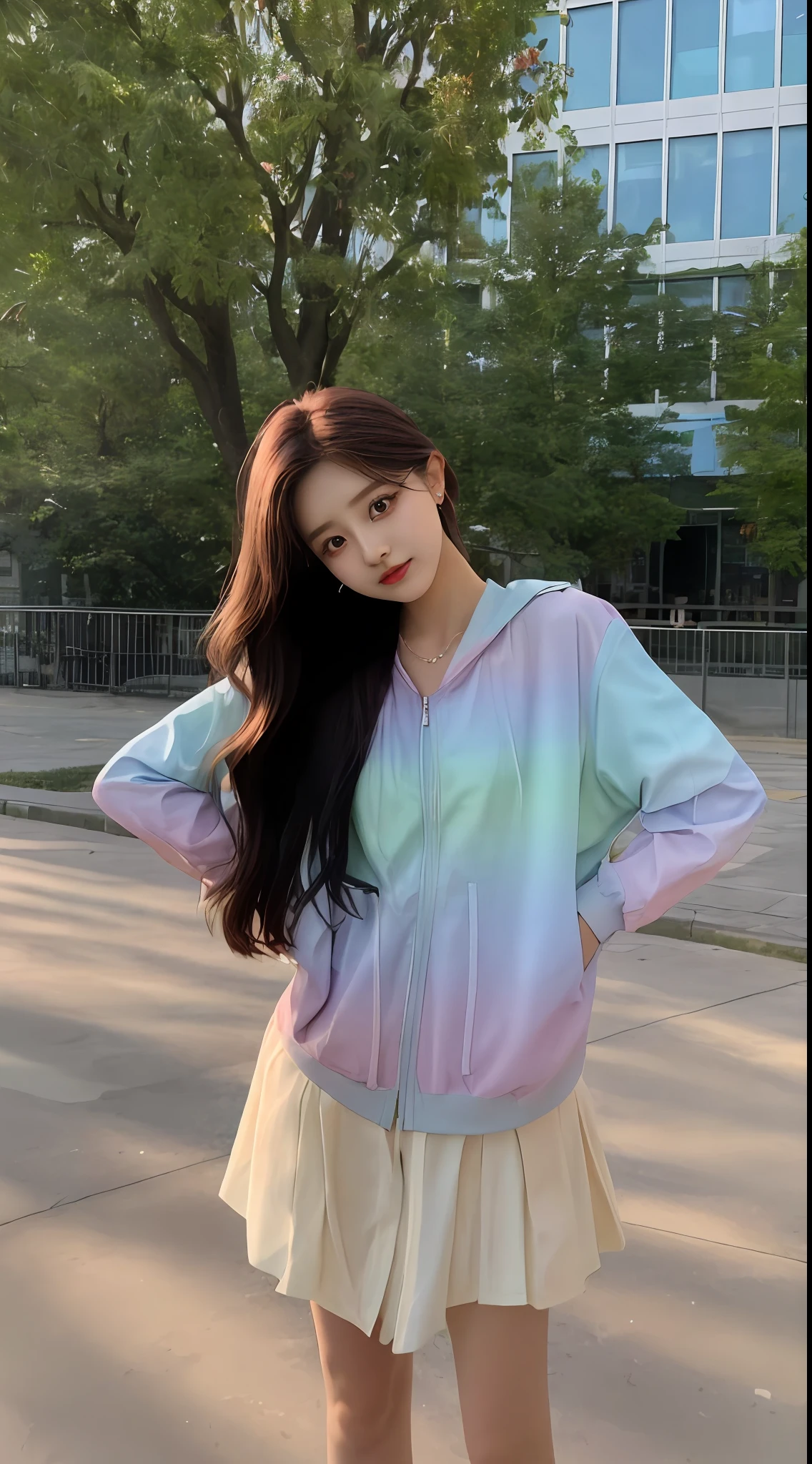 Arad woman standing on sidewalk in skirt and shirt, 2 0 2 0 fashion, pastel colored, tzuyu from twice, colorful pastel, ulzzangs, pastel clothing, Rainbow clothes, light iridescent color, Jacket, Silent vapor wave unreal gradient, 8K)), bae suzy, korean women's fashion model, bright pastel color