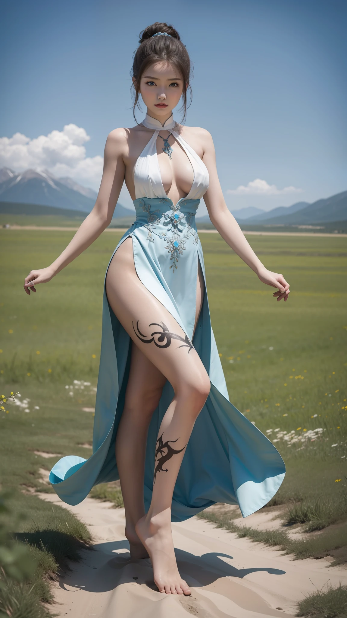 8k,high-definition picture quality,On the steppe,Beautuful Women,独奏,white skinned,Straight breasts,Bust photo,standing on your feet,body art
