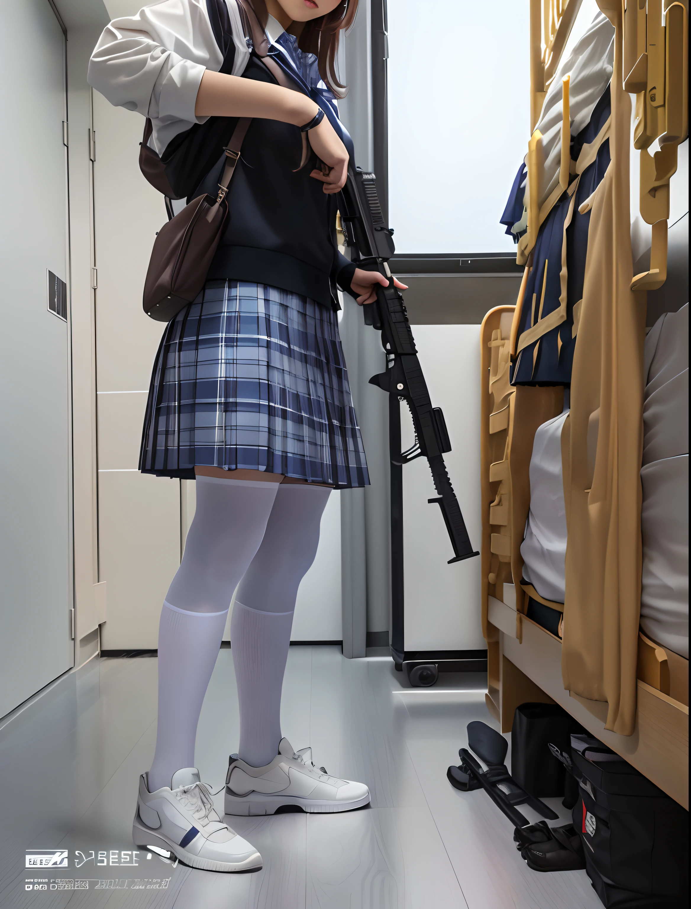 There was a woman in a skirt and bag standing in front of a bunk bed, dressed as schoolgirl, wearing skirt and high socks, Wearing white tights, Surrealism female students, wearing a kilt, with rifle, of a schoolgirl posing, outfit photograph, Holds AR15, Surrealism female students, preparing to fight, cosplay foto, wearing dresses