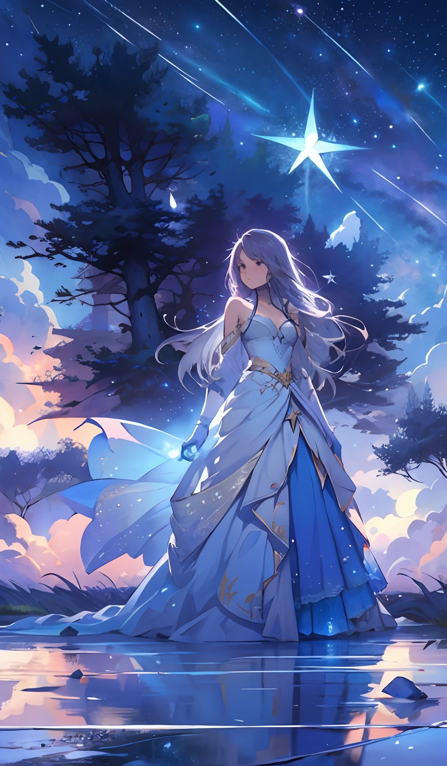 whitestar, 1girl, sky, star (sky), scenery, starry sky, solo, long hair, reflection, night, blue theme, dress, tree, outdoors, night sky, fantasy, cloud, standing, crystal