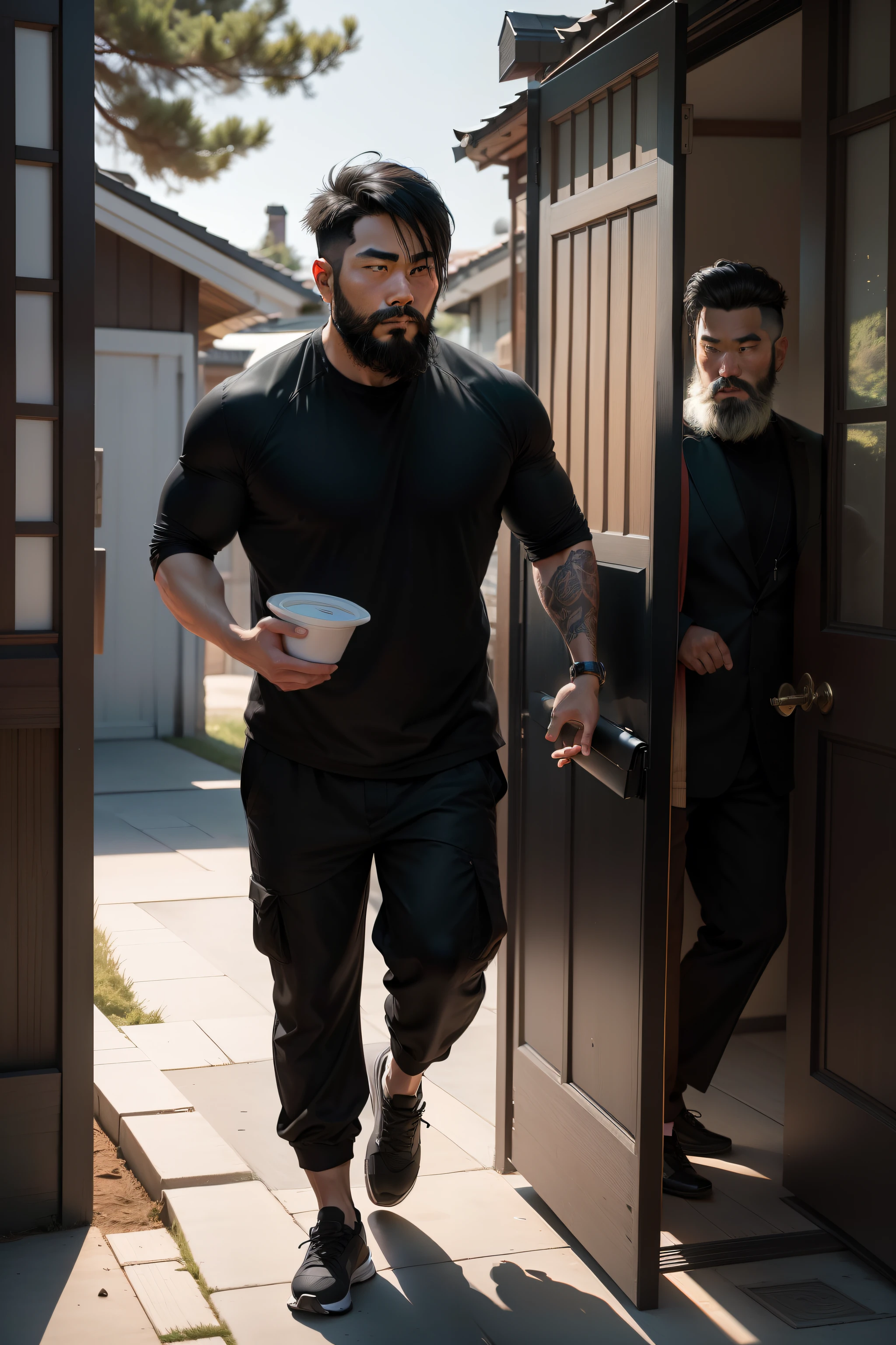an Asian man with a beard and short hair.

wearing black clothes.
 
he is at the door of a house

He is delivering food to an Asian woman

Ultra realistic photo, 8k quality, full hd.