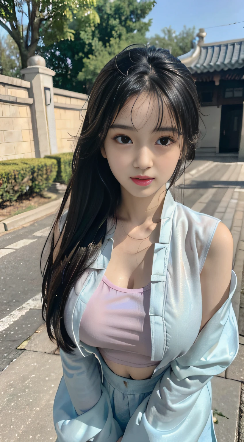 Master quality, highest quality, best picture quality, exaggerated details, a cute 8 year old asian little girl with a shy expression,a close up , perfect android girl slightly squinted eyes, adjusting her hair, long eyelashes (long hair / very, very exaggerated big breasts and tight, round breasts , posing in front of the camera, big breasts  , sweaty  wet breast hanfu open v chest clothes