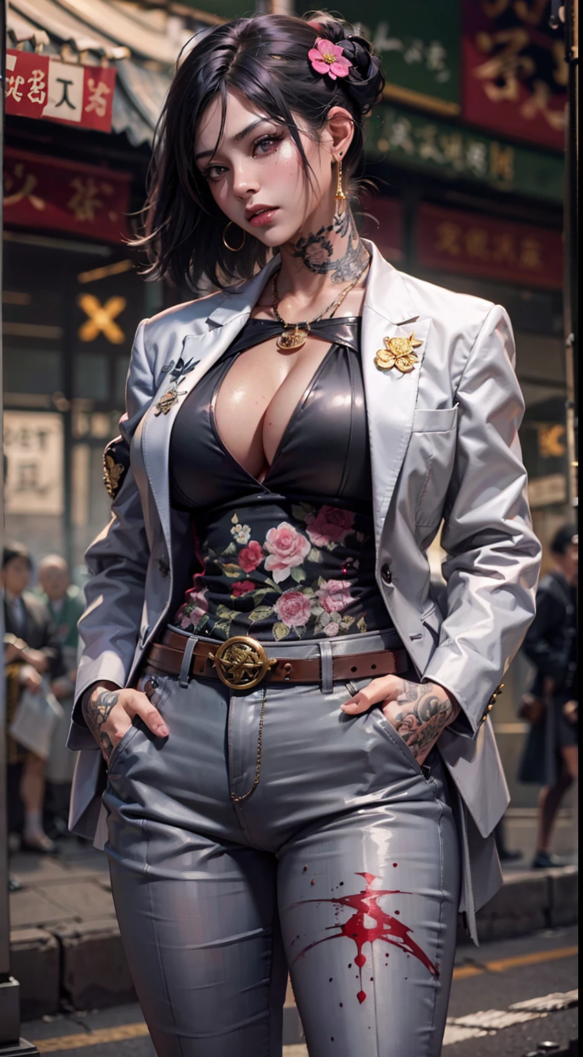 A gangster boss on the streets of Japan, A group of gang members stood behind,angry look,Mixed Korean,The background is blurred out,focal,电影灯光,(((tmasterpiece))), ((best qualtiy)), ((Complex and detailed)), ((ultra-realistic realism)), Ridiculous resolution, A MILF, Mature woman, ssee-through, highly detailed, illustratio, 1girll, (huge tit), Thin waist and thick hips,long leges,beatiful detailed eyes, short detailed hair, brunette color hair, a purple eye, (Gangster suit:1.2),Tattooed with,Large flower arms,Full of tattoos,Japanese yakuza,Kamami Yamaguchi,Japanese Yamaguchi-gumi,Japanese yakuza woman,The Underworld,full tattoo,Gangster boss,Lunette de soleil,Blood stained the streets,Gang boss,Scarred figure,Bloody violence,Sexy and feminine,(No underwear),pantiess, detailed back ground, perfect eyes, Seductive eye, looking at viewert,From the front,Wear light,