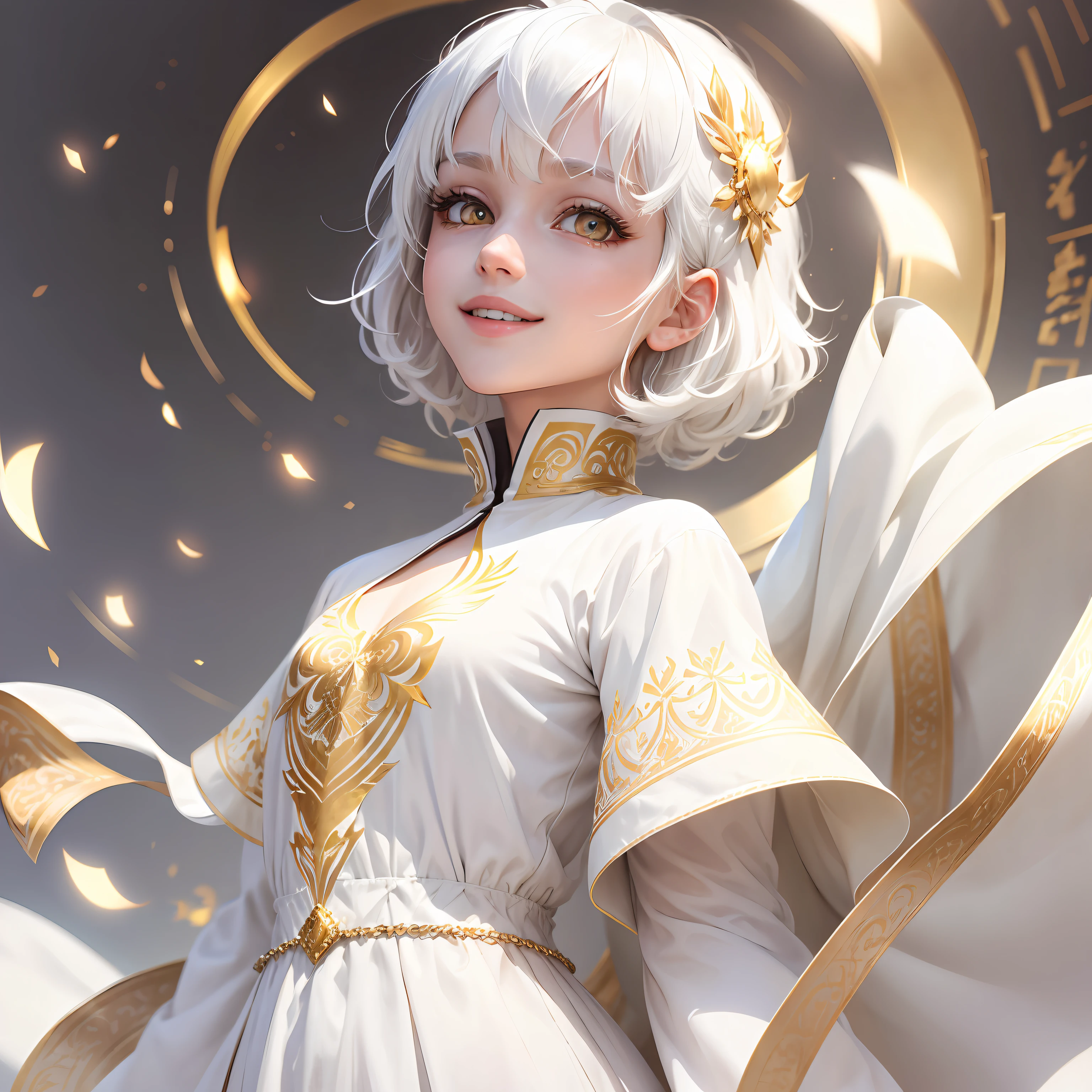 best quality, white hair, gold eyes, white clothes, looking up, upper body, hair strand, Fair skin, smiling