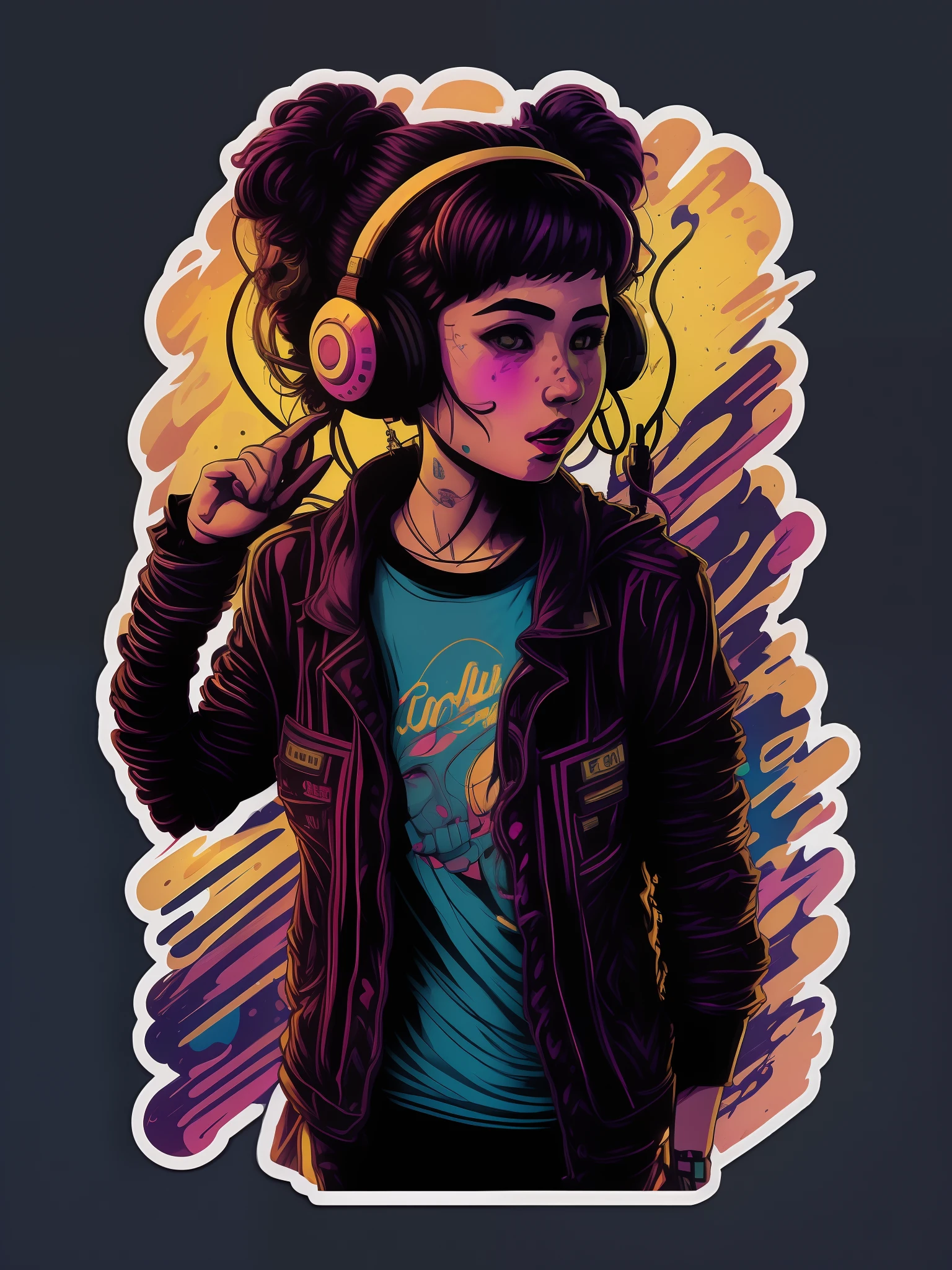 Vintage Poku girl with headphone character design，a sticker，full body shot shot，style of anime，Trigger studio style，comic book art，comic strip，scribble art，graphical，Intense neon color，Golden ratio composition，design for tshirt，8K