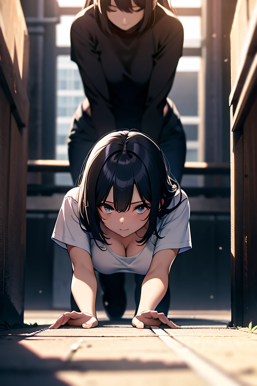 Woman on all fours、The cleavage visible through the gap in the T-shirt