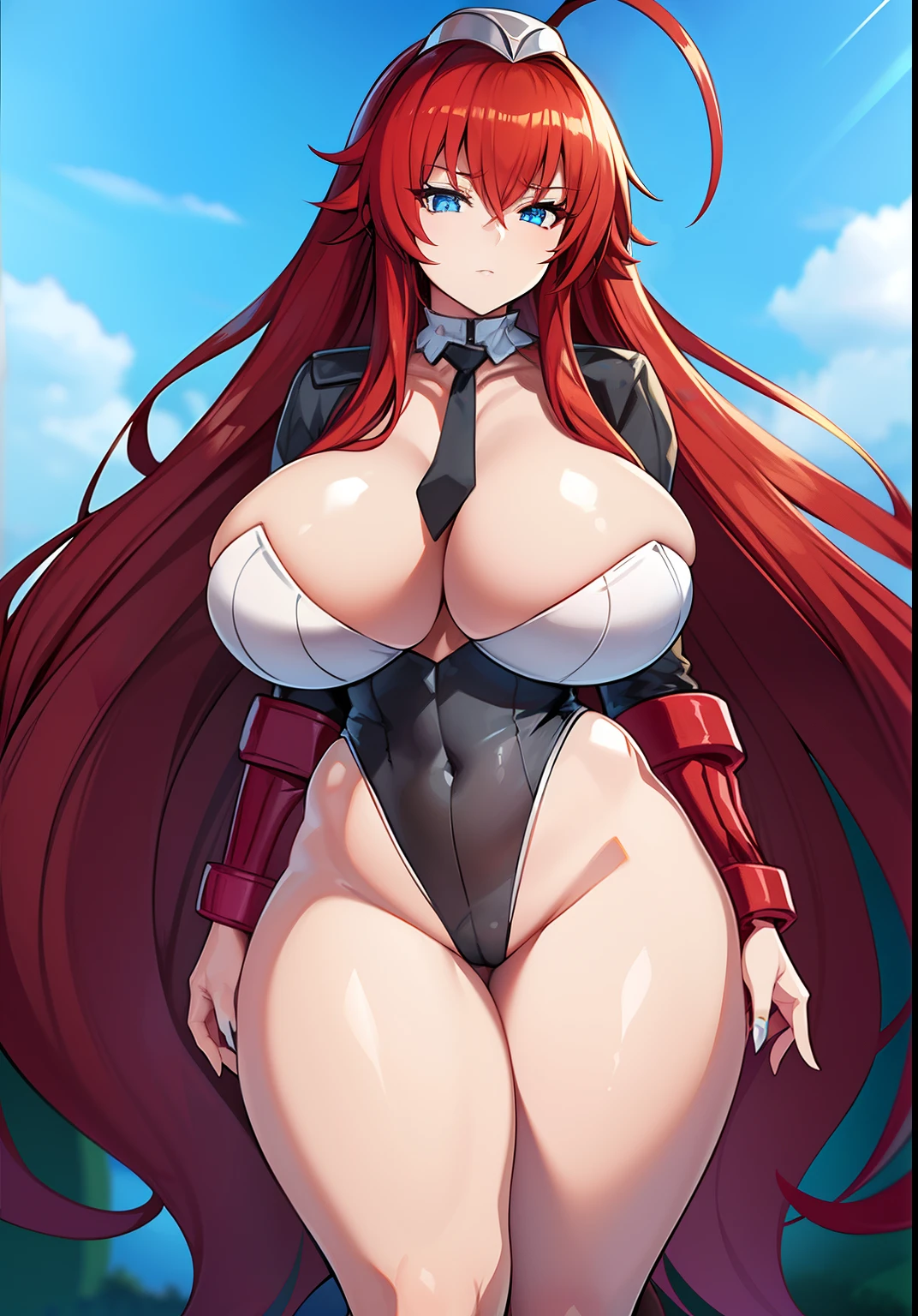 Rias gremory with huge breasts bigger than her head, wide hips and thick thighs wearing a dollsuit, rias is standing at attention facing the viewer, Her hair is long and red, she is standing at attention, she is wearing platform heels, the image is in stunning 8k, rias has been hypnotised, rias is wearing platform heels, she has blue eyes, she is wearing a dollsuit, the image is extremely detailed, the image is in stunning 8k