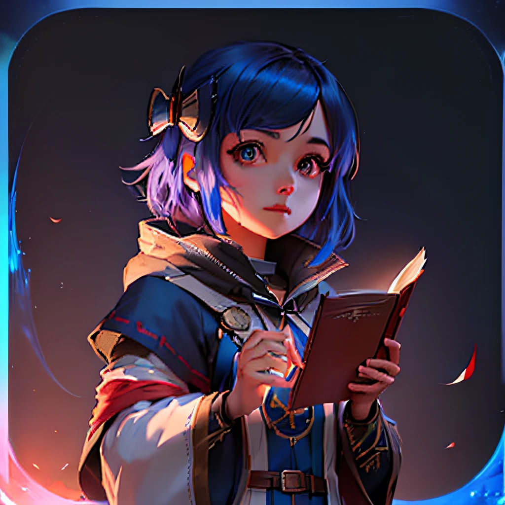 Menina anime com cabelo azul segurando um livro e uma caneta, RPG_retrato, Arte no estilo de Guweiz, crisp clear rpg portrait, 2. 5 d cgi anime fantasia arte, menina alquimista, retrato de RPG, retrato do livro do RPG, epic RPG portrait, Artgerm e Atey Ghailan, anime estilo 3d, epic mage girl character, Guweiz