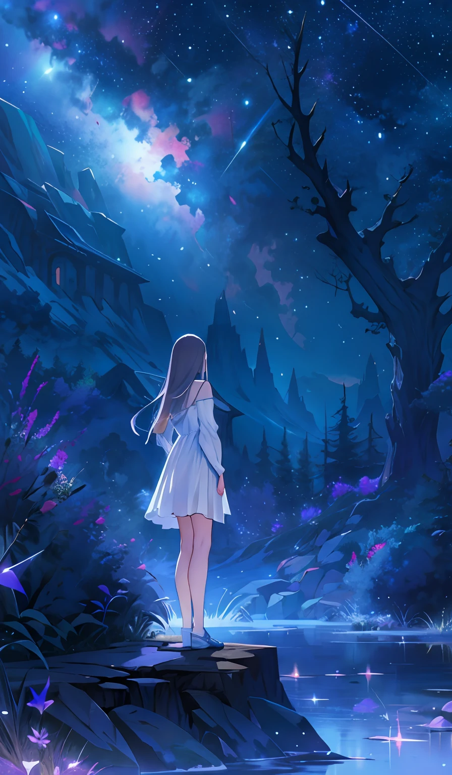 whitestar, 1girl, sky, star (sky), scenery, starry sky, solo, long hair, reflection, night, blue theme, dress, tree, outdoors, night sky, fantasy, cloud, standing, crystal