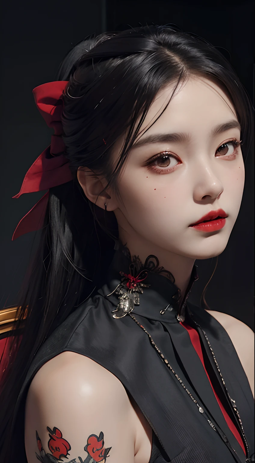 1 beautiful devil woman from hell, In the Dark: 1.6), surreal female portrait by David Hockney and Alphonse Mucha, fantasy art, korea doll, photorealism, dynamic lighting, artstation, poster, volumetric lighting, very detailed faces, 8k ultra, Awarded, in the dark, deep shadow, low key, cowboy lens, (Red phoenix dress: 1.4), long hair, black hair, bust, luxurious palace, Royal style, devil crown, red eyes make up very sharp and detailed, The most beautiful face, The breasts are very big and round and round, Super realistic, chinese women's clothing, polo neck sweater, Charming smile, The eyes are very well made up, guweiz, devil style, wearing black mesh socks, Ponytail with a bow tied at the back of the hair, Red black lips, Devil tattoo on shoulder, wearing a thin red and black robe, the landscape is overcast and thunderous, (Portrait), Close-up of the main character, (Background details 1.8),