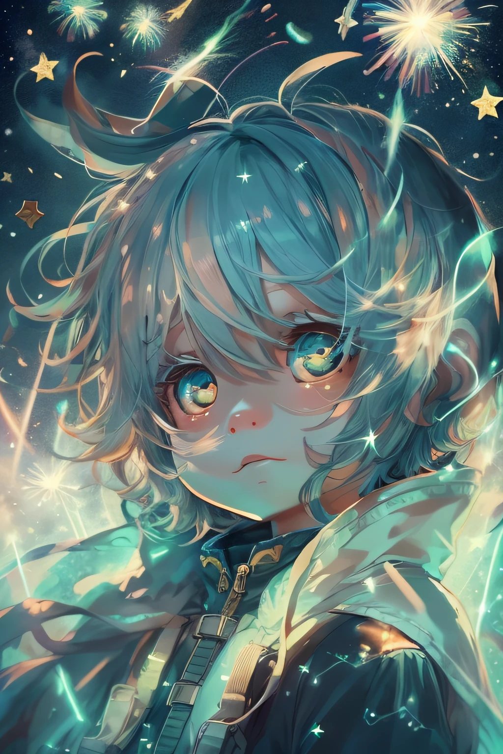 1boy,lovestar, aerial fireworks, astronaut, aurora, milk way, festival,  starry sky, chibi,  Fisheyes, masterpieces, top quality, best quality, official art, beautiful and aesthetic, animation, 8k raw