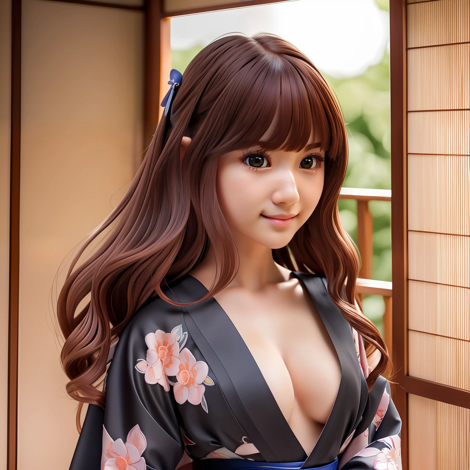 (RAW photo, Best quality), (Realistic, photo-realistic:1.3), Masterpiece, An extremely delicate and beautiful, Extremely detailed, CG, Unity , 2k wallpaper, Amazing, finedetail, Light smile, Extremely detailed Cg Unity 8K wallpaper, hugefilesize, Ultra-detailed, A high resolution, Soft light, (((Medium hair:1.3), short length bangs, Black hair, Floating hair NovaFrogStyle)), Beautiful detailed girl, Detailed fingers, Extremely detailed eyes and face, Beautiful detailed nose, Beautiful detailed eyes, Long eyelashes, light in face, view the viewer, (Closed mouth:1.2), 1girll, Cute, Young, face,((Japan kimono)) (full bodyesbian:1.3), ((Small breastalistic face,, Beautiful detailed thighs,