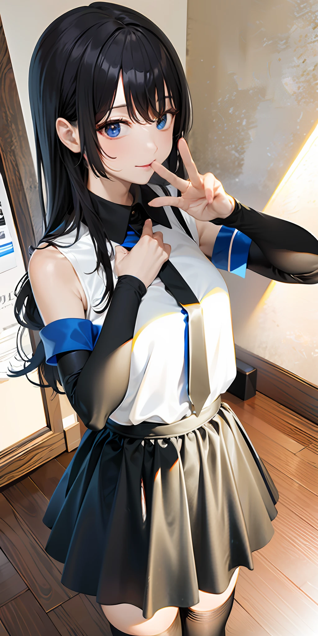 top-quality、Top resolution、女の子1人、Long black hair、blue eyess、short sleeved shirt、Black Knee High Socks、Black skirt、KPOP Idol、full bodyesbian、facing the front there