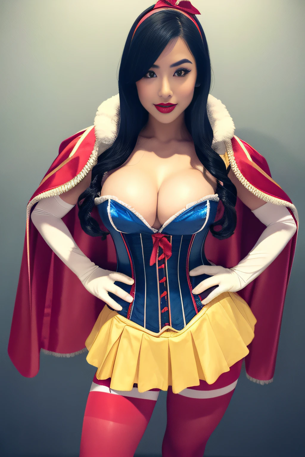 Beautiful Japanese girl, wearing snow white cosplay, blue silk corset, red silk cape, yellow silk pleated skater skirt, silk leggings, black bob hair, red hairband,((shiny)) silk elbow gloves, masterpiece, photorealistic, amazingly detailed face, maximum resolution, small breasts, hand on hip, dynamic pose, silk opera gloves, deeply coloured lipstick,big pouting lips, seductive