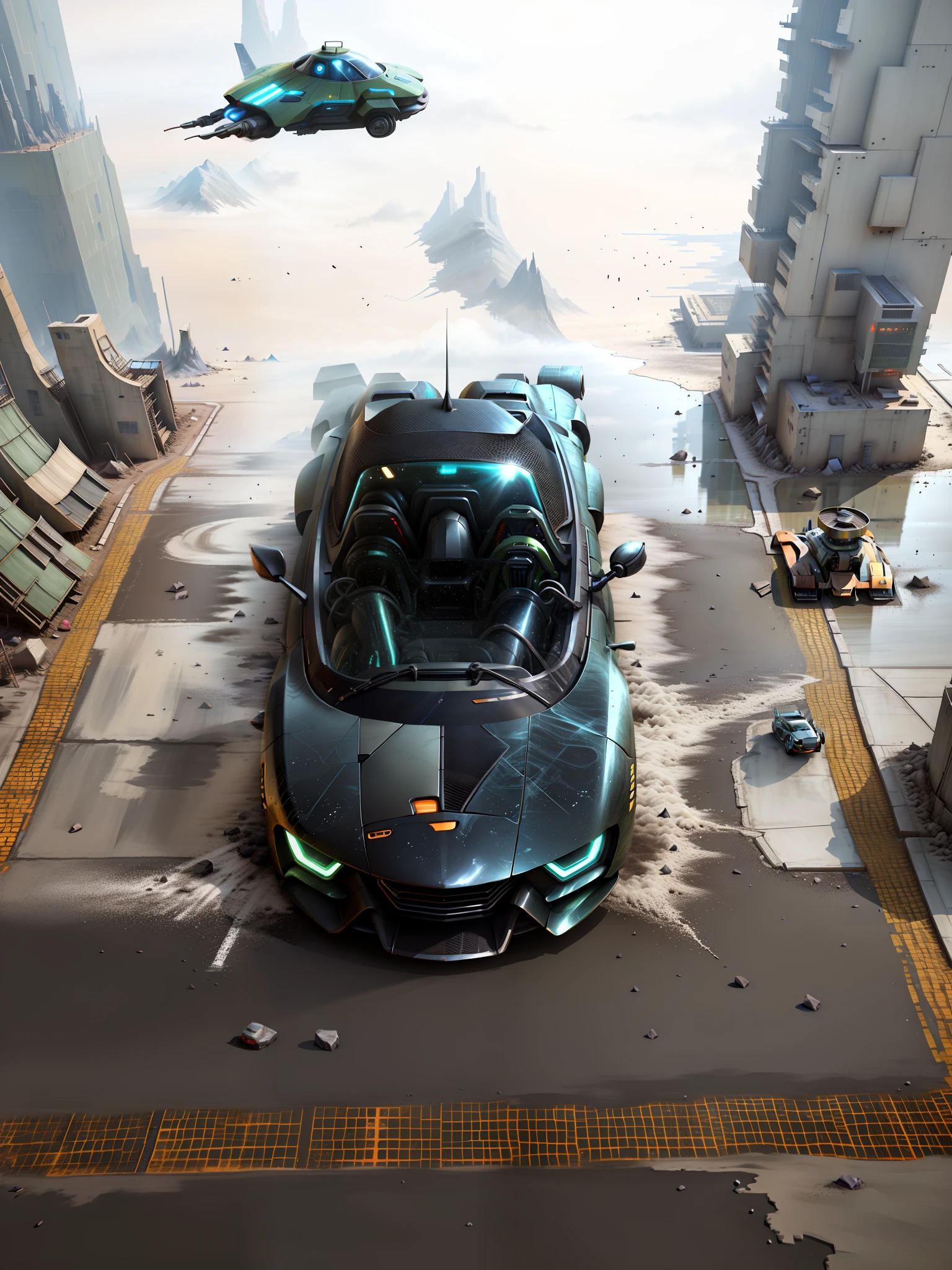 A futuristic sports car on the street of a futuristic city