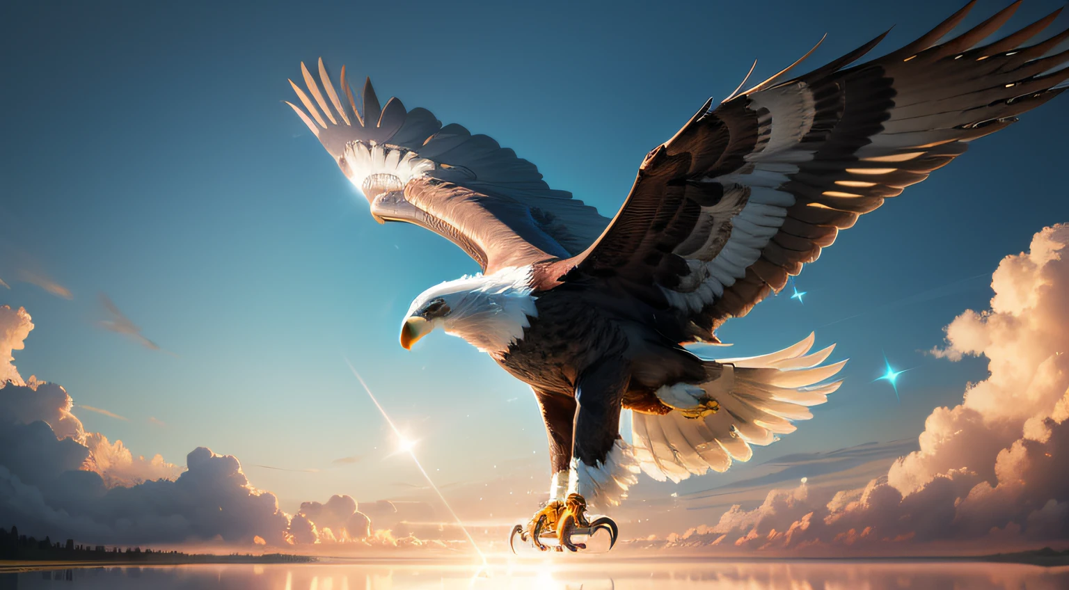 A great eagle flying towards the sky, large wings, Fujicolor, reflection light, sparkle, cinematic lighting, Nikon, UHD, anatomically correct