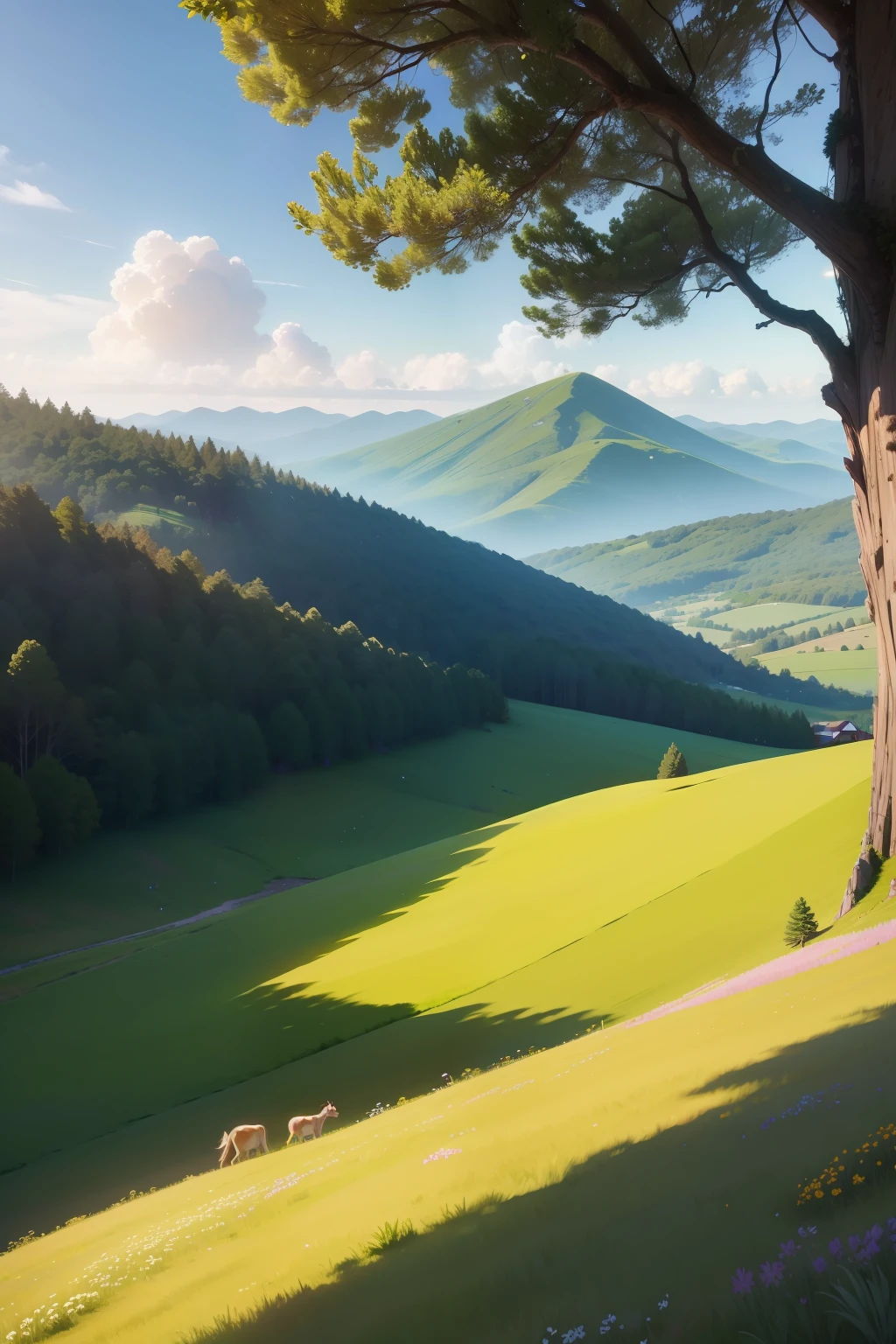 view of the base of the mountain trees ridge plateau grassy field grass, ultra qualidade, beleza, dia ensolarado, 4k, floresta distante, Nice day, verde, america do sul, cume alto da montanha, campo da natureza, trilha, caminho mata atlantica, floresta, realista, plano, outono