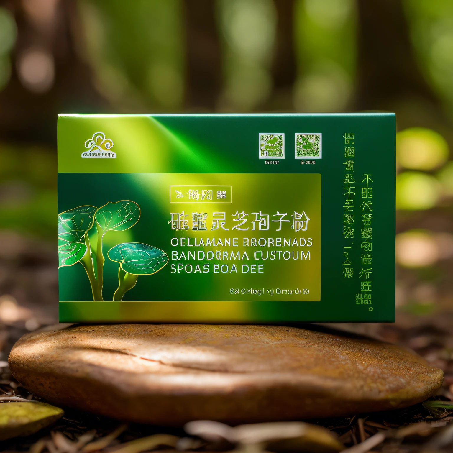 The background is forest,Close-up of a stone sitting on the grass, There is Ganoderma lucidum next to it,Sunlight shines through the leaves,dramatic product shot, dramatic product photography, professional product shot, high resolution product photo, Natural complexion, professional product photo, close-up product photo, dark-toned product photos, high quality product photo, textured base ; product image, Photosynthetic