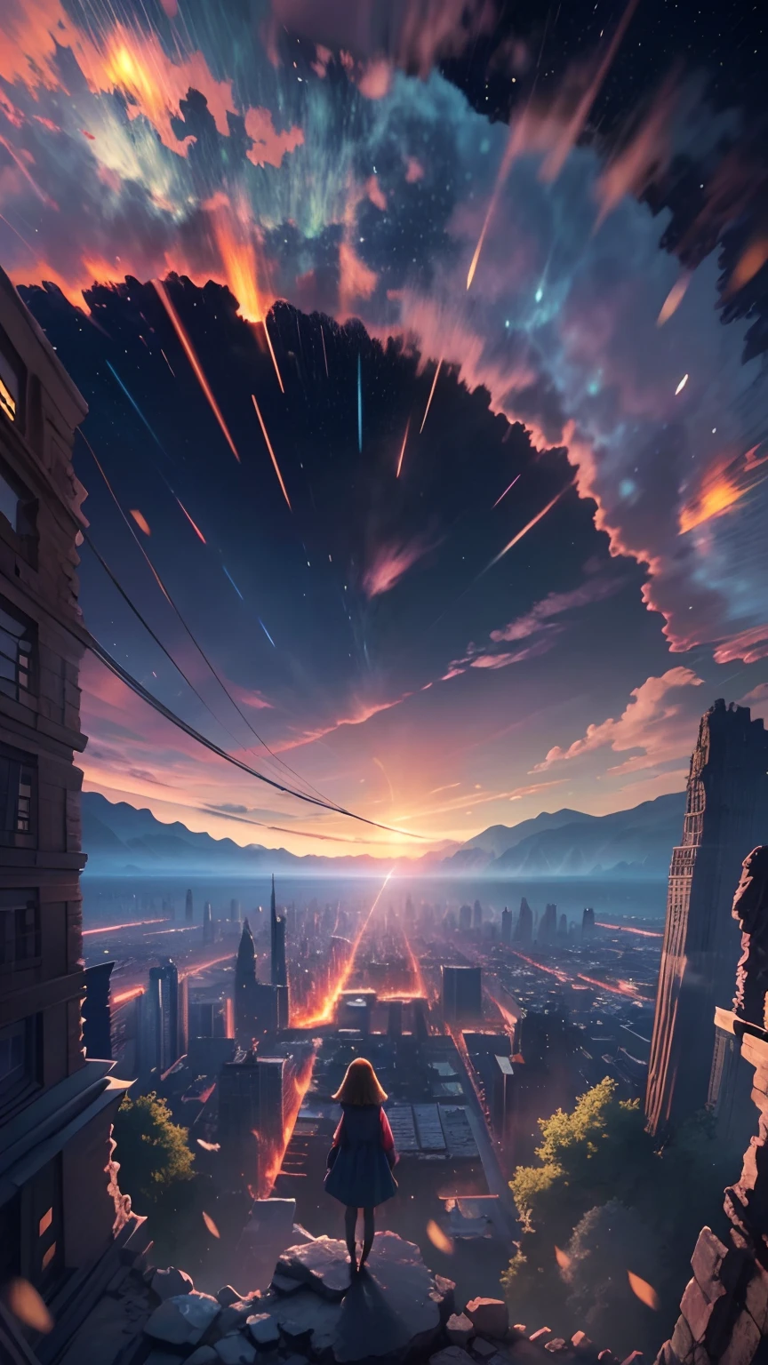 Expansive landscape photograph，Vast starry sky，look from down，Above is the sky，Below are the open ruins of a ruined city，（A girl stands on a rooftop and looks up），（moon full：1.2），（meteors：0.9），（Starcloud），Distant sea level,（Warm light source：1.2），（glowworm：1.2），lamp lights，Lots of purple and orange，Complicated details，Volumetric lighting BREAK（tmasterpiece：1.2），（best qualtiy），4K，ultra - detailed，（dynamic compositions：1.4），detail-rich，plethora of colors，（Irridescent color：1.2），（with light glowing，Atmospheric lighting），dream magical，magical，（独奏：1.2）Extremely detailed beauty, ridiculous, unbelievable Ridiculous, hugefilesize, ultra - detailed, A high resolution, The is very detailed, top-quality, tmasterpiece, illustratio, The is very detailed, NFFSW, unified, 8K picture wallpaper, magnifica, finedetail, tmasterpiece, top-quality, A highly detailed，hentail realism，photoreali，（realisticlying，photograph realistic：1.37），（natta），