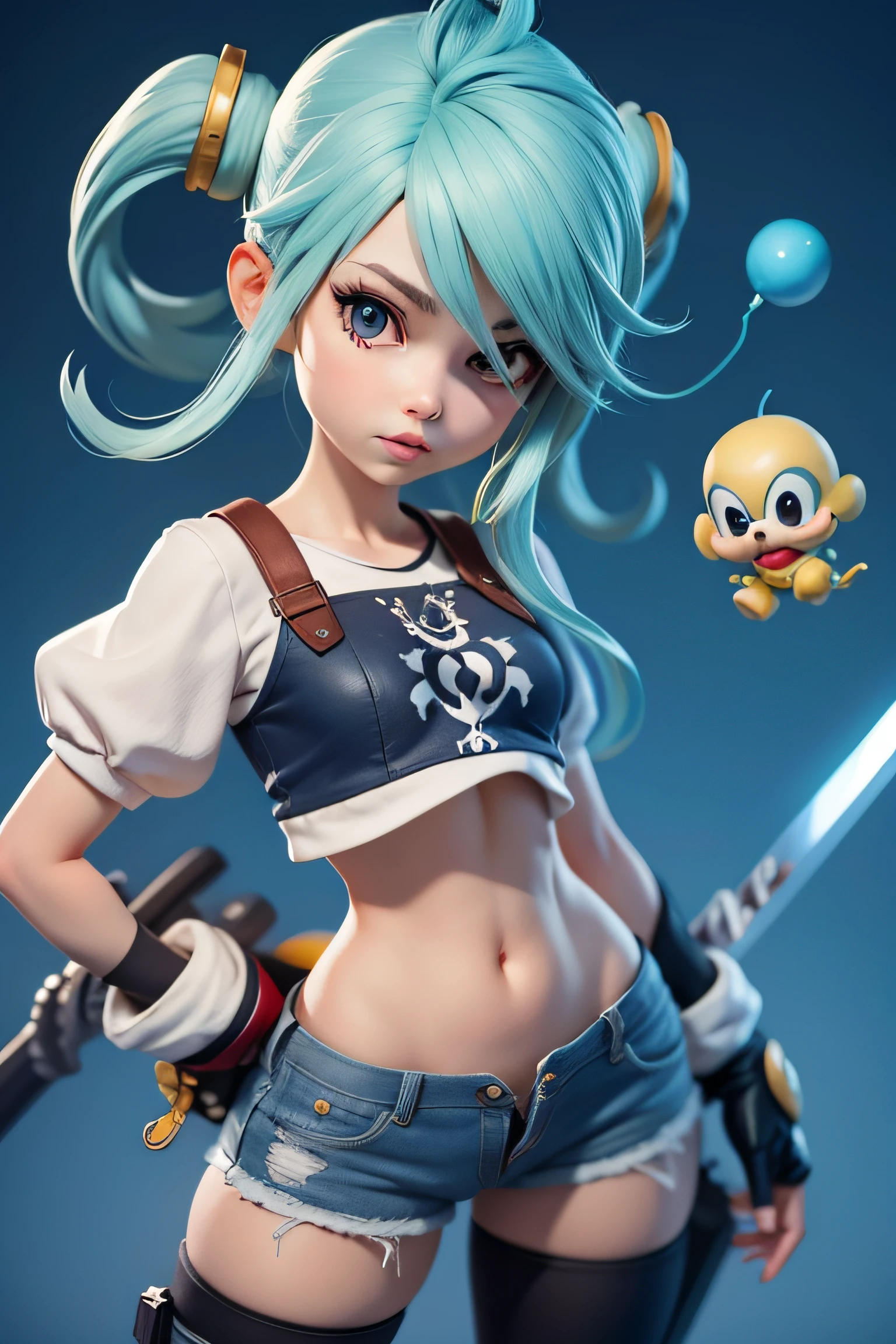 personagem inspirado em mario bros, pequeno, blusa com de manga longa com listras preto e branco, blusa listrada, ((blusa com listras horizontais)), blusa com listras, cores diferentes, Small shorts or legging pants, cintura pequena, corpo pequeno, blusa com listras, CG, blusa listrada, meia listrada, baseado em ((kingdom hearts)), (kingdom hearts), without a hat, cabelos coloridos, corpo pequeno, traje bowser, ((blusa listrada)), subsurface alta, hight subsurface, ambiente occlusion, big sword in hand, espada grande, portando espada, segurando espada grande, pele natural, ((enfeites de video game grandes)), espada e escudo, ((metroid)), animais dark no fundo, bonecos dark na cena, monstros na cena, Panning, (seios muito grandes), (((seios muito grandes))), dark theme, mascara cobrindo a boca, monstros ao fundo, personagem no centro da cena, diffuse color blue, dark blue color, detalhada
