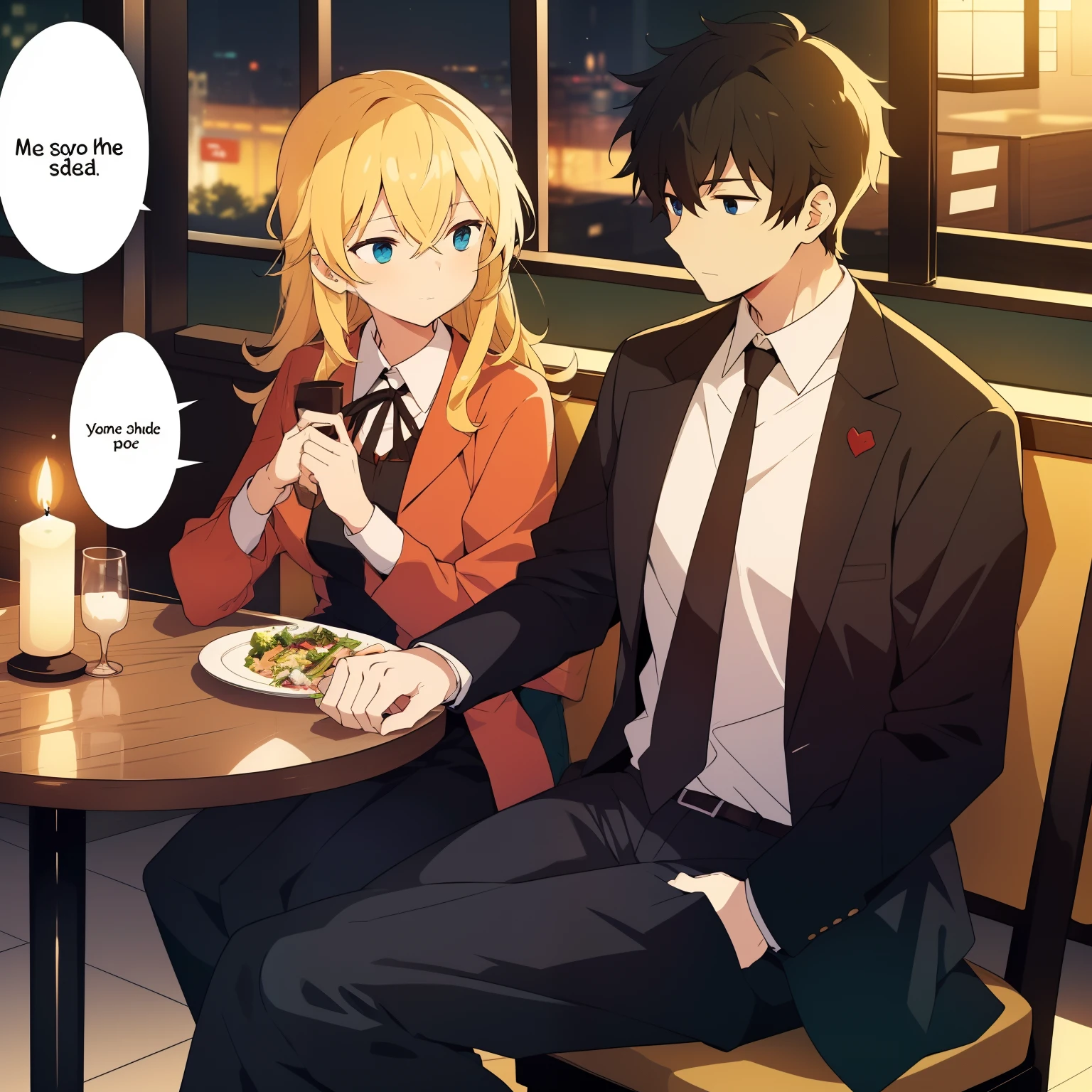 The man and the woman are sitting at a restaurant, having a candlelight dinner. He has a speech bubble that says: “He fell in love with me at first sight, and pursued me relentlessly. He gave me