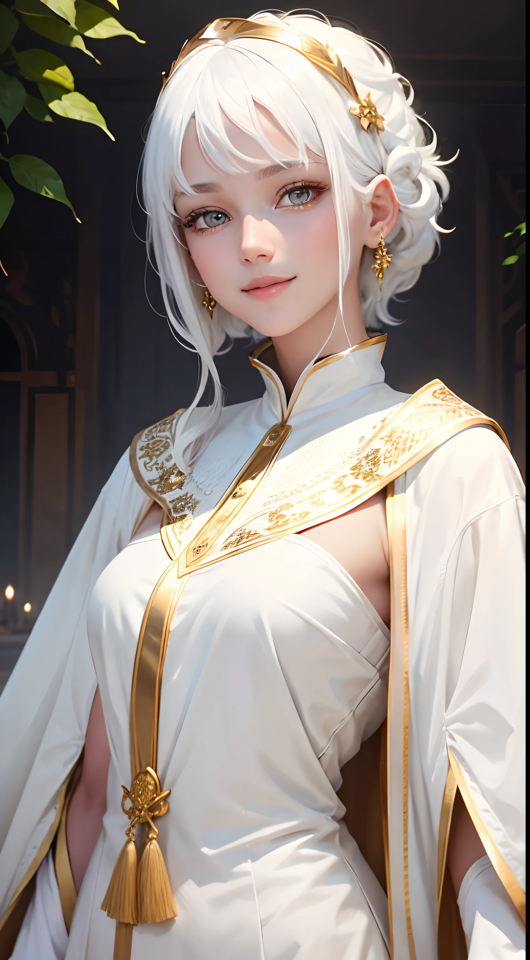 best quality, white hair, gold eyes, white clothes, looking up, upper body, hair strand, Fair skin, smiling