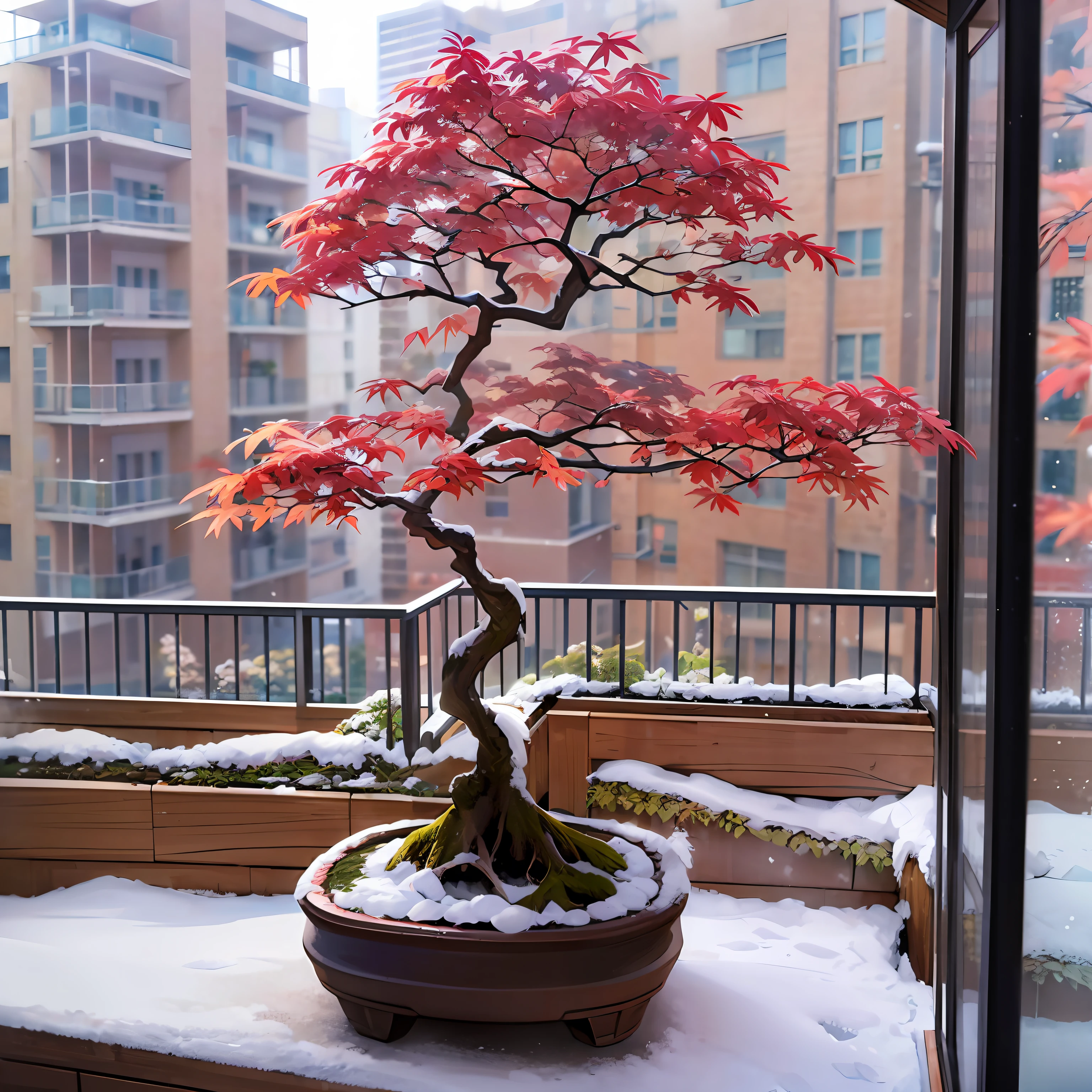 (A miniature Acer Palmatum bonsai: 1.4), en el balcon de un edificio, piso 3 al amanecer de invierno con nieve: 0.1, Nubes cirrus en el cielo