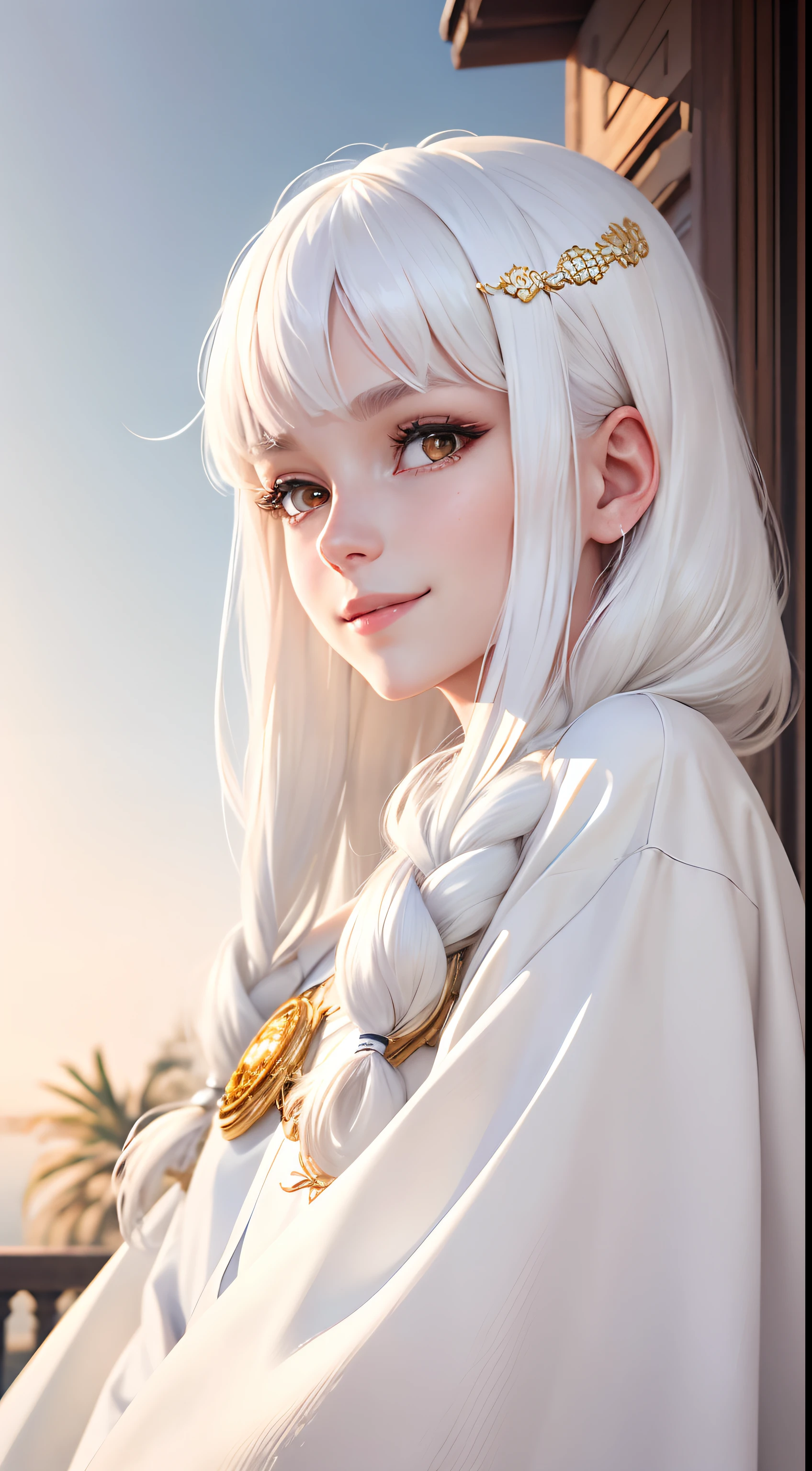 best quality, white hair, gold eyes, white clothes, looking up, upper body, hair strand, Fair skin, smiling