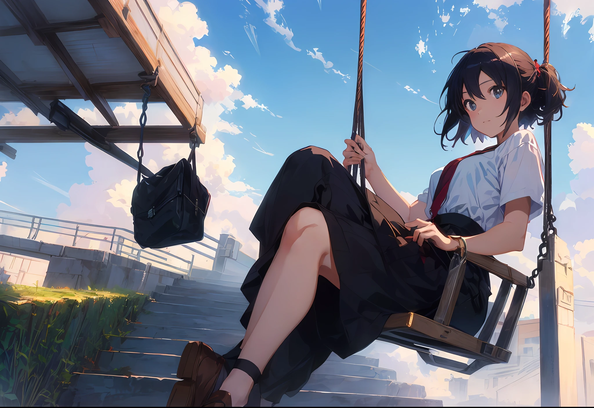 There was a woman sitting on an empty swing, Stulet has long hair、Makoto Shinkai Cyril Rolando, author:Shinkai sincerely. A digital rendering, stairway to heaven, author:Shinkai sincerely!, author:Shinkai sincerely!!, Leads to the sky, Today's featured anime stills,, ( ( author:Shinkai sincerely ) ), swing、from rear、magnificent scale、fisheyelens、1womanl、