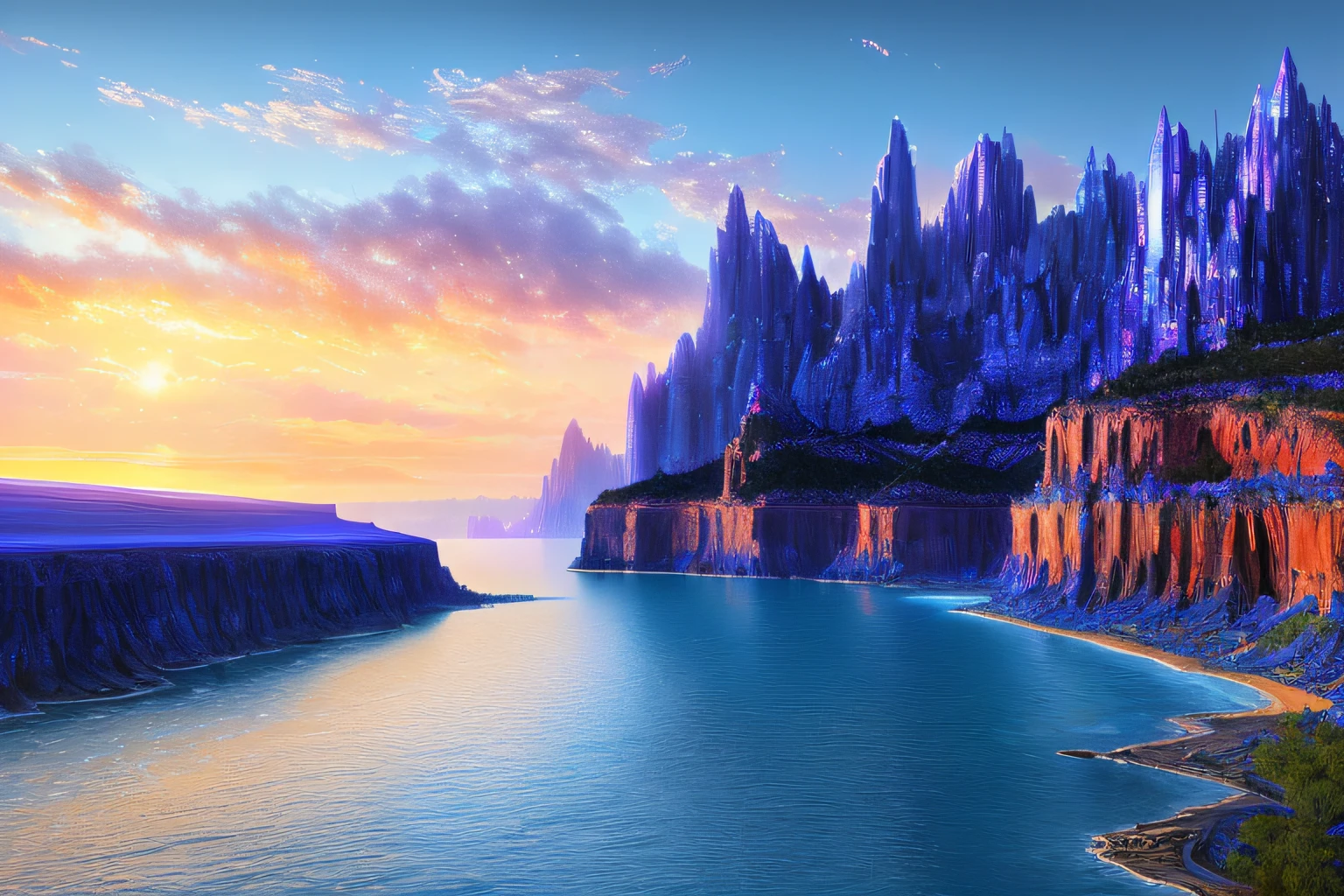 paysage futuriste, Eau bleu cobalt(Highly detailed CG Unit 8k wallpaper), The most beautiful work of art in the world, Professional majestic oil painting, complexe, High detail, mise au point nette, dramatique, Art of photorealist painting