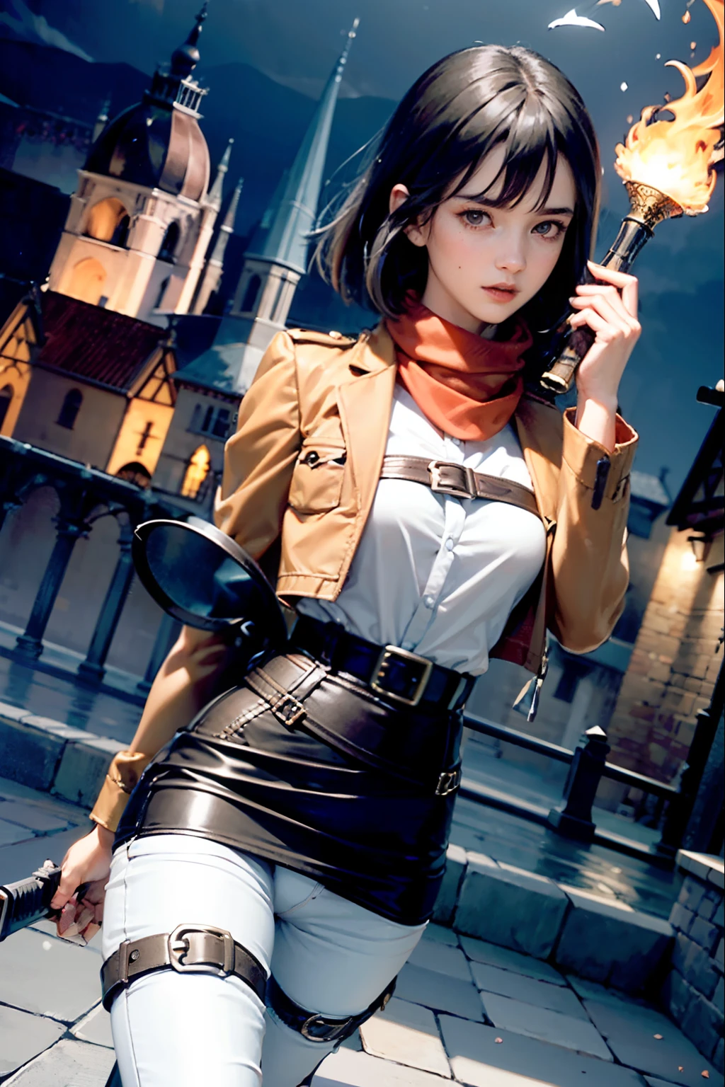 BREAK, 1girl, solo, looking at viewer, (young cute beautiful 18-year-old girl:1.4), 3d face, beautiful girl, Beautiful face, pretty, girlface, kpop idol, supermodel, stunning innocent symmetry face, perfect body, medium breast, slim waist, slim legs, (high detailed skin:1.4), glowing eyes, goddess, natural skin texture, shiny skin, White skin, Beautiful detailed face, detailed face, real skin texture, cute delicate face, finely detailed face, golden ratio, golden ratio face, expressive eyes, perfect face, perfect skin, flawless face, clear face, shiny hair, pale skin, Proper body proportion, perfect anatomy, realistic skin texture, luscious lips, glossy lips, natural makeup, beautiful bright pupils, slender figure, intricate eyes, detailed pupils, detailed face and eyes, longeyelashes, blush, good hand, perfect hands, pretty face, beautiful female bodies, finely detailed skin, oily shiny skin, BREAK, (((((Attack on Titan, (brown jacket, emblem, white shirt, white pants:1.5), (hmmikasa, short hair, black eyes, scarf, belt, thigh strap, red scarf, long sleeves:1.4), (holding weapon, sword, dual wielding, three-dimensional maneuver gear, fighting stance, sky:1.4), (battle, adventurous look:1.3), (blush, fantasy, scenery, plants, open mouth:1.2), (highly detailed worn metal texture:1.2), (floating colorful sparkles, light is shining, dust is drifting, floating catkins, fog, wind:1.2), (rust, dirt, dust, scratches, abrasions on the metal texture:1.2), (fly:1.4), (Luminescent Particles:1.3), (Old City of Dubrovnik, Avila, Historic Fortified City of Carcassonne, Noerdlingen,Ancient castle, Romanesque architectural style, Gothic architectural style, Renaissance architectural style, Baroque architectural style, Half-timbered house, Medieval castles, Romanesque forts, Gothic walls, Tudor style architecture, British style architecture, medieval village setting:1.3), (50m high city wall:1.5), (city surrounded by walls, ember, battlefield, grey mist, smoke, explosion, apocalyp