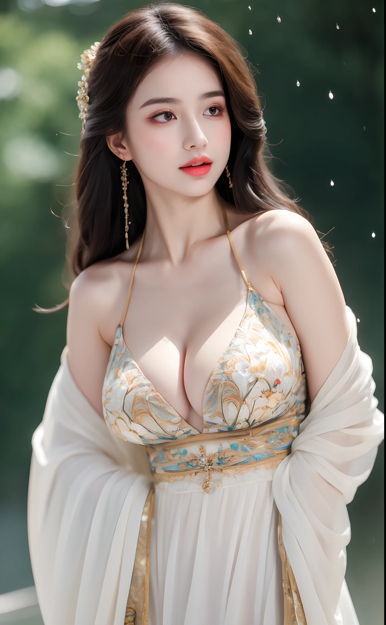 ((Best Quality, 8k, Masterpiece: 1.3)), Focus: 1.2, Perfect Body Beauty: 1.4, Buttocks: 1.2, ((Layered Haircut)), (Wet Clothes: 1.1), (Rain, Street:1.3), (Breasts: 1.2), (Hanfu: 1.2), Bare Shoulders, Bare Legs, Highly Detailed Face and Skin Texture, Fine Eyes, Double Eyelids, Whitened Skin, Long Hair, (Shut Up: 1.5), (Bokeh Background: 1.5), Big Breasts