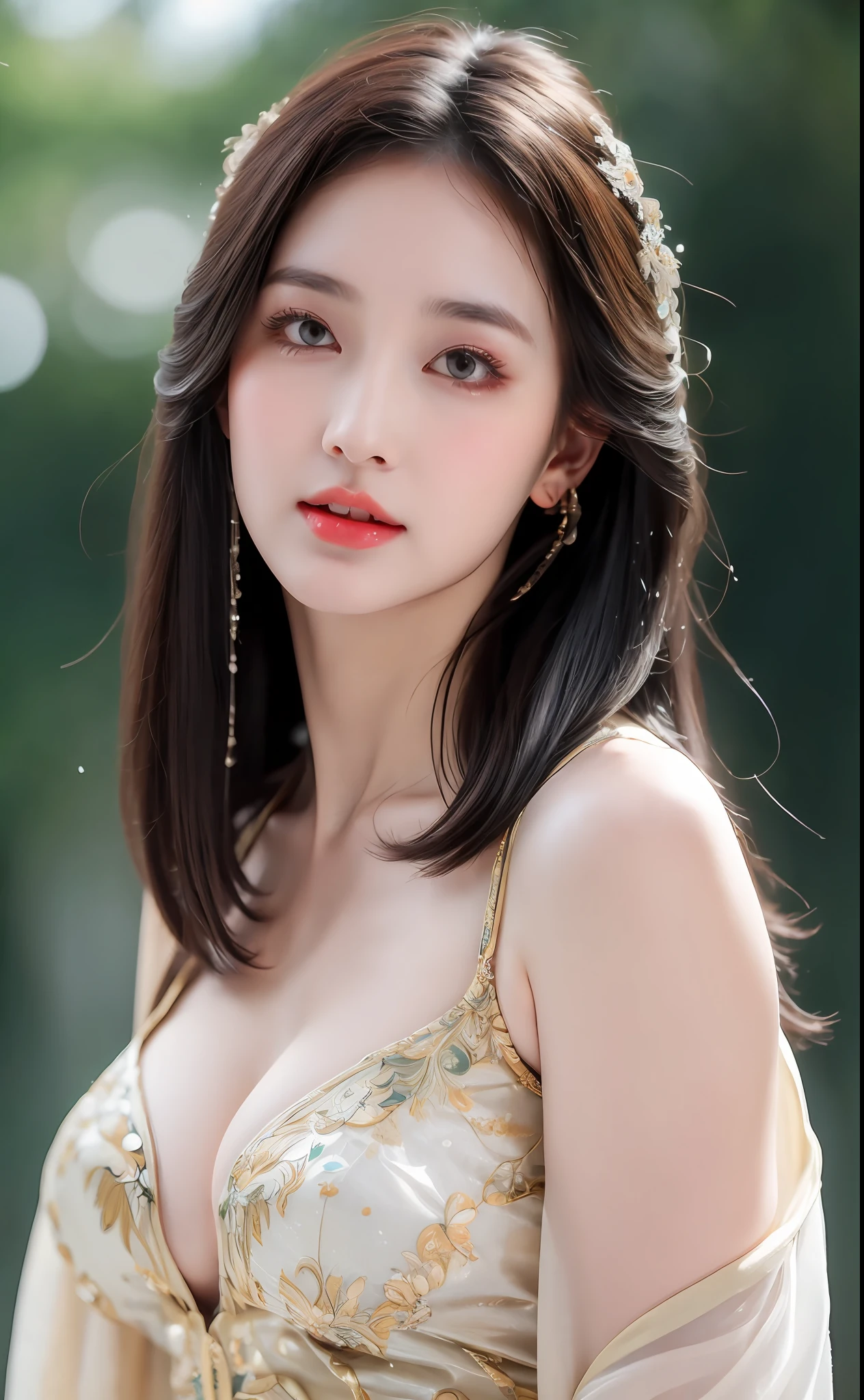 ((Best Quality, 8k, Masterpiece: 1.3)), Focus: 1.2, Perfect Body Beauty: 1.4, Buttocks: 1.2, ((Layered Haircut)), (Wet Clothes: 1.1), (Rain, Street:1.3), (Breasts: 1.2), (Hanfu: 1.2), Bare Shoulders, Bare Legs, Highly Detailed Face and Skin Texture, Fine Eyes, Double Eyelids, Whitened Skin, Long Hair, (Shut Up: 1.5), (Bokeh Background: 1.5), Big Breasts