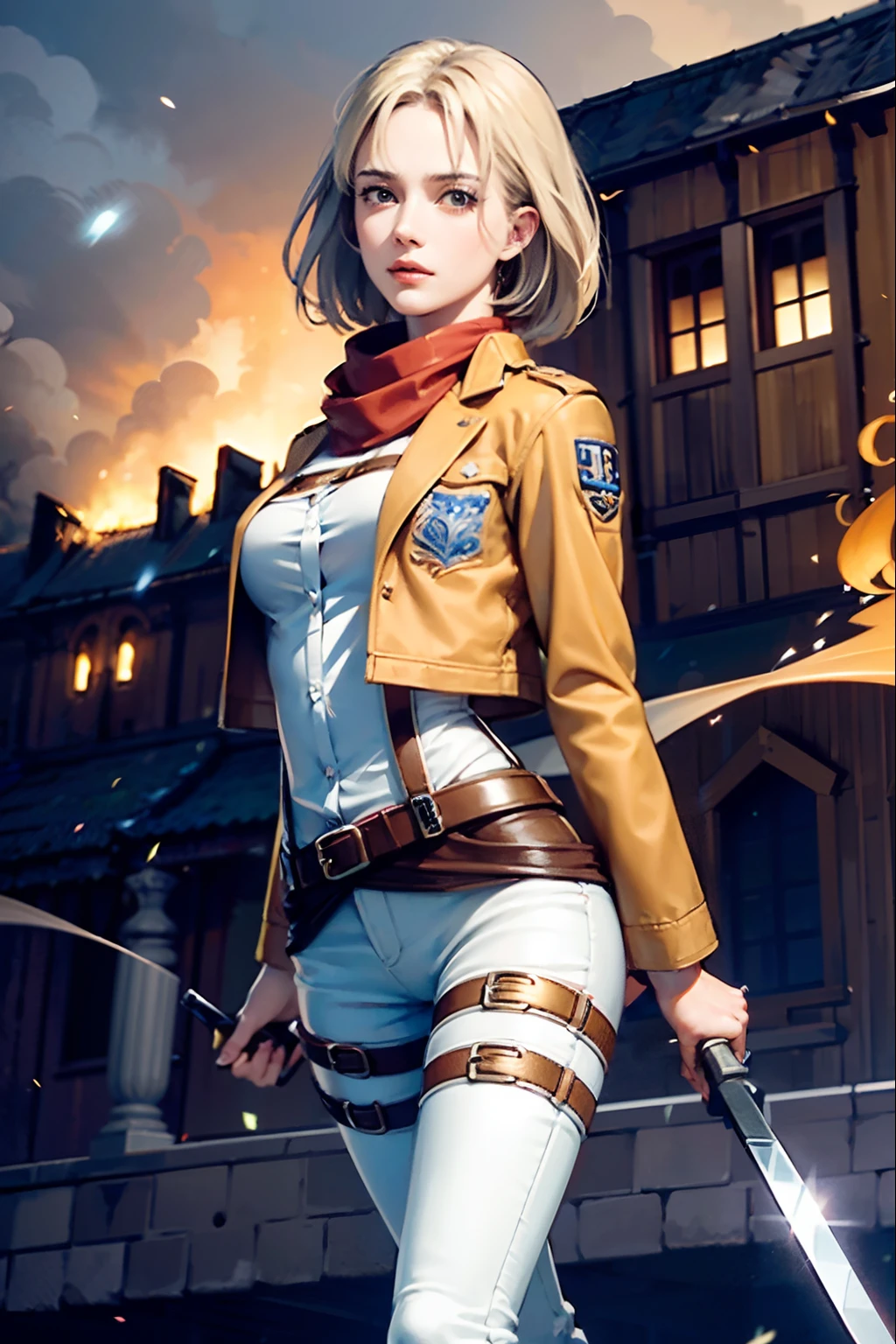 BREAK, 1girl, solo, looking at viewer, (young cute beautiful 18-year-old girl:1.4), 3d face, beautiful girl, Beautiful face, pretty, girlface, kpop idol, supermodel, stunning innocent symmetry face, perfect body, medium breast, slim waist, slim legs, (high detailed skin:1.4), glowing eyes, goddess, natural skin texture, shiny skin, White skin, Beautiful detailed face, detailed face, real skin texture, cute delicate face, finely detailed face, golden ratio, golden ratio face, expressive eyes, perfect face, perfect skin, flawless face, clear face, shiny hair, pale skin, Proper body proportion, perfect anatomy, realistic skin texture, luscious lips, glossy lips, natural makeup, beautiful bright pupils, slender figure, intricate eyes, detailed pupils, detailed face and eyes, longeyelashes, blush, good hand, perfect hands, pretty face, beautiful female bodies, finely detailed skin, oily shiny skin, BREAK, (((((Attack on Titan, (brown jacket, emblem, white shirt, white pants:1.5), (hmmikasa, short hair, black eyes, scarf, belt, thigh strap, red scarf, long sleeves:1.4), (holding weapon, sword, dual wielding, three-dimensional maneuver gear, fighting stance, sky:1.4), (battle, adventurous look:1.3), (blush, fantasy, scenery, plants, open mouth:1.2), (highly detailed worn metal texture:1.2), (floating colorful sparkles, light is shining, dust is drifting, floating catkins, fog, wind:1.2), (rust, dirt, dust, scratches, abrasions on the metal texture:1.2), (fly:1.4), (Luminescent Particles:1.3), (Old City of Dubrovnik, Avila, Historic Fortified City of Carcassonne, Noerdlingen,Ancient castle, Romanesque architectural style, Gothic architectural style, Renaissance architectural style, Baroque architectural style, Half-timbered house, Medieval castles, Romanesque forts, Gothic walls, Tudor style architecture, British style architecture, medieval village setting:1.3), (50m high city wall:1.5), (city surrounded by walls, ember, battlefield, grey mist, smoke, explosion, apocalyp