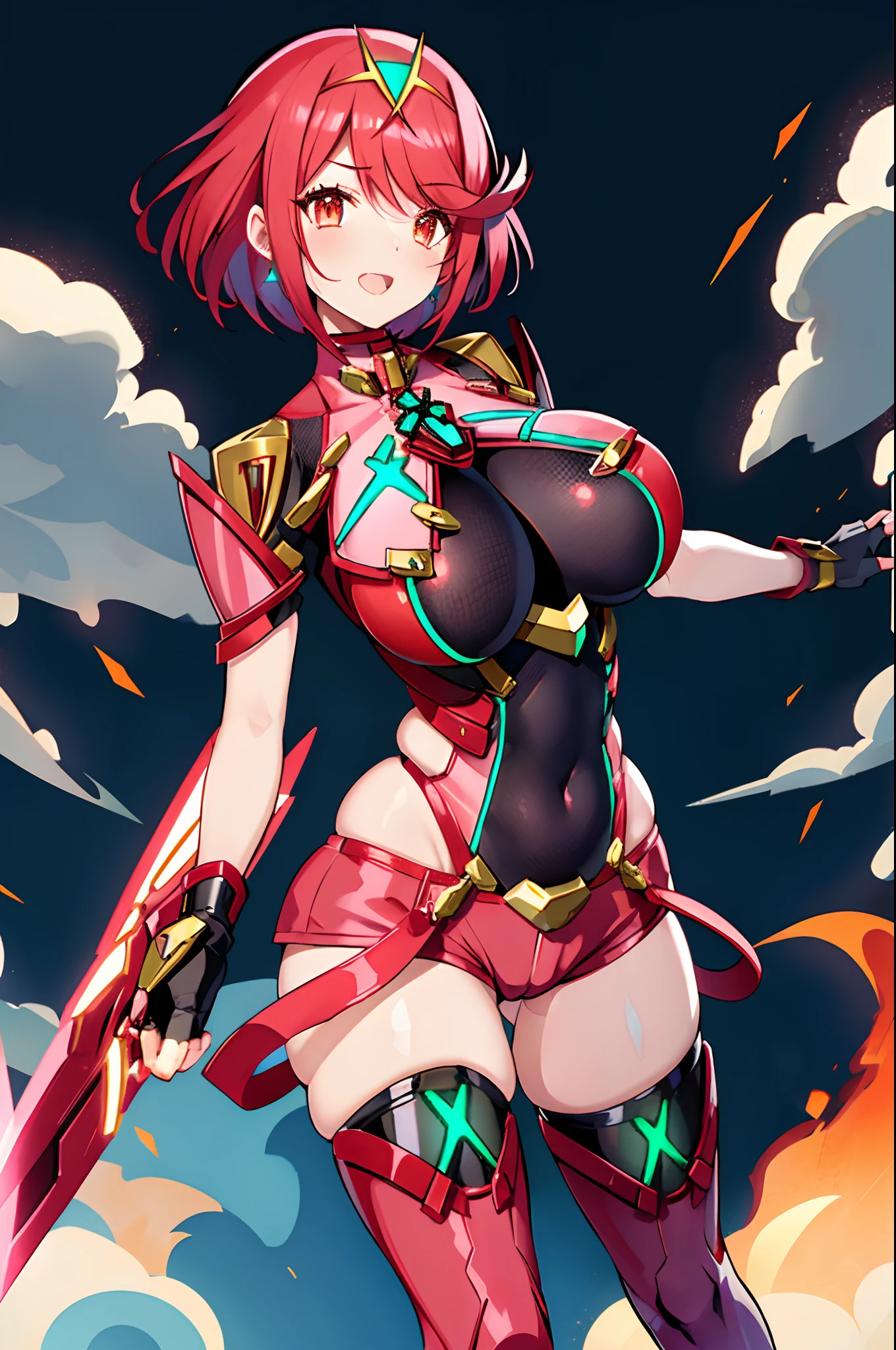 pyra \(xenoblade\), _1girl, armor, bangs, black gloves, breasts, red eyes, closed mouth, earrings, eyelashes, fingerless gloves, floating hair, framed breasts, gem, gloves, hair ornament, headpiece, jewelry, big_breasts, leaning back, leotard, neon trim, official art, pose, red hair, red shorts, saitou masatsugu, short hair, short shorts, short sleeves, shorts, sidelocks, skin tight, solo, standing, swept bangs, thighhighs, tiara, night_prairie_background, turtleneck, underbust, vambraces, xenoblade chronicles \(series\), (xenoblade chronicles 2), apart_legs, fire_effect,dynamic_pose,fighting,light_smile, (plump:1.1), big_ass,huge_sword, hold_large_sword_hilt, solo, covered_nipples, covered_pussy,open_mouth,back_view, fists,