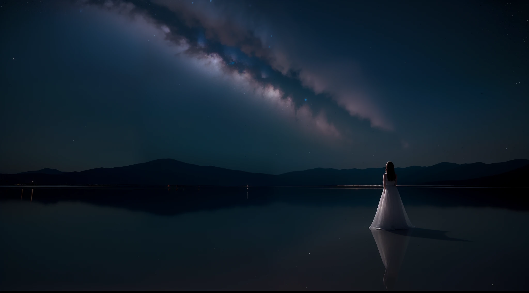 （（Long-range shots））tmasterpiece，Best quality，nigth， A woman who is，facing away from the audience，Look at the stars 。Standing in the middle of the salt lake，The surface of the water is like a mirror，Reflecting the sky。The Milky Way is in the sky。