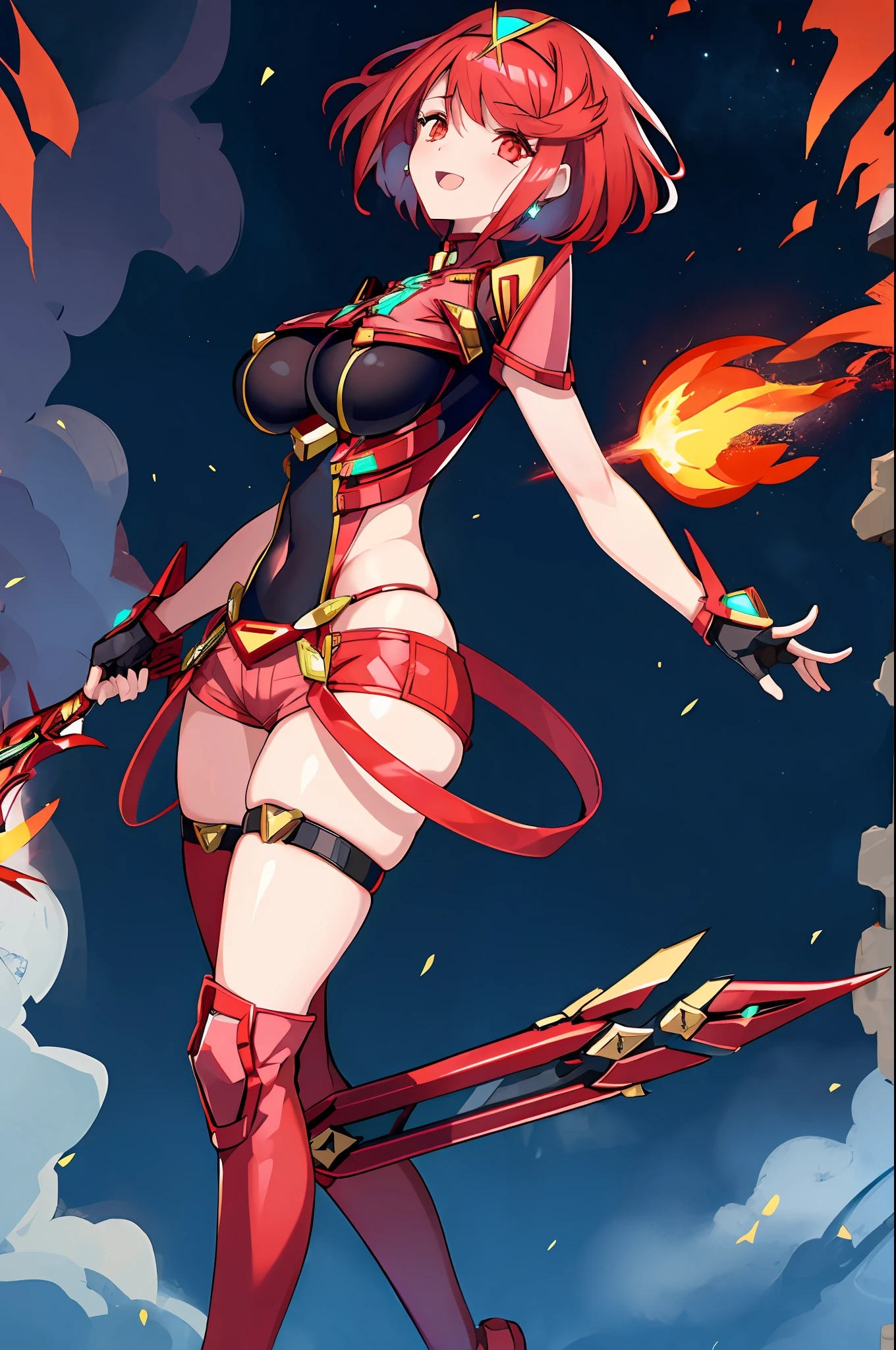 pyra \(xenoblade\), _1girl, armor, bangs, black gloves, breasts, red eyes, closed mouth, earrings, eyelashes, fingerless gloves, floating hair, framed breasts, gem, gloves, hair ornament, headpiece, jewelry, big_breasts, leaning back, leotard, neon trim, official art, pose, red hair, red shorts, saitou masatsugu, short hair, short shorts, short sleeves, shorts, sidelocks, skin tight, solo, standing, swept bangs, thighhighs, tiara, night_prairie_background, turtleneck, underbust, vambraces, xenoblade chronicles \(series\), (xenoblade chronicles 2), apart_legs, fire_effect,dynamic_pose,fighting,light_smile, (plump:1.1), big_ass,huge_sword, hold_large_sword_hilt, solo, covered_nipples, covered_pussy,open_mouth,back_view, fists,