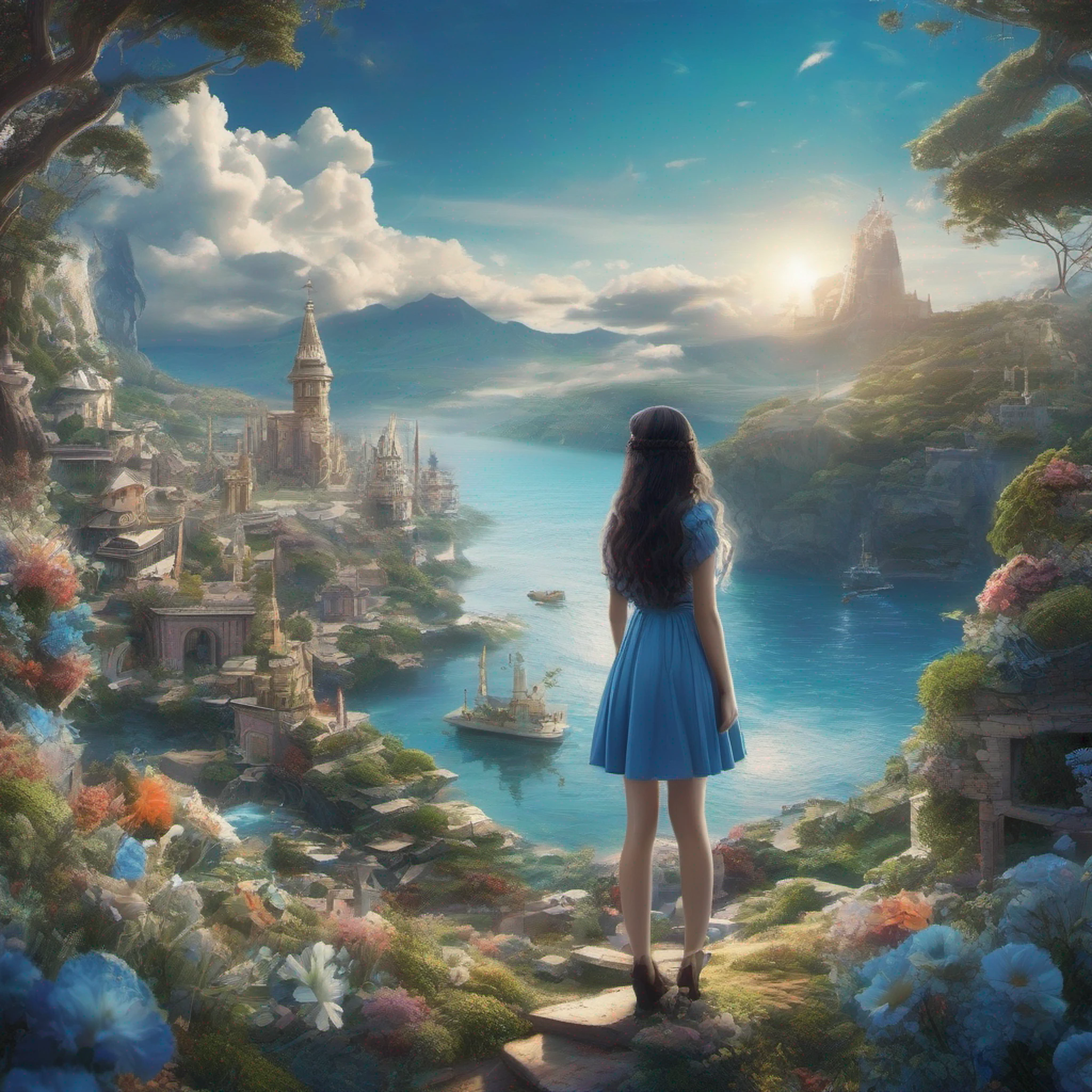 ccurate, best quality, masterpiece, UHD, high details, award winning, (Amazing:1.1), (Surrealism), Conceptual art, Verism, cinematic lighting, panorama, beautiful high school girl, (r old)(((full body)))), from behind, posture of prayer, garden of eden, without looking at me, (((wearing school uniform))), black eyes, black hair, (floating hair), ((8 life size)), detailed hairstyles, detailed bodyline, anatomically correct, (((she is lost in a surreal world of dreamlike landscapes))), A floating island in the sky, ruins street, shallow sea, Horizon, ((beautiful Blue sea)), blue sky, paradise scenery, flowers, wind flow, (((fantasy))), frontier, (magnificent space),